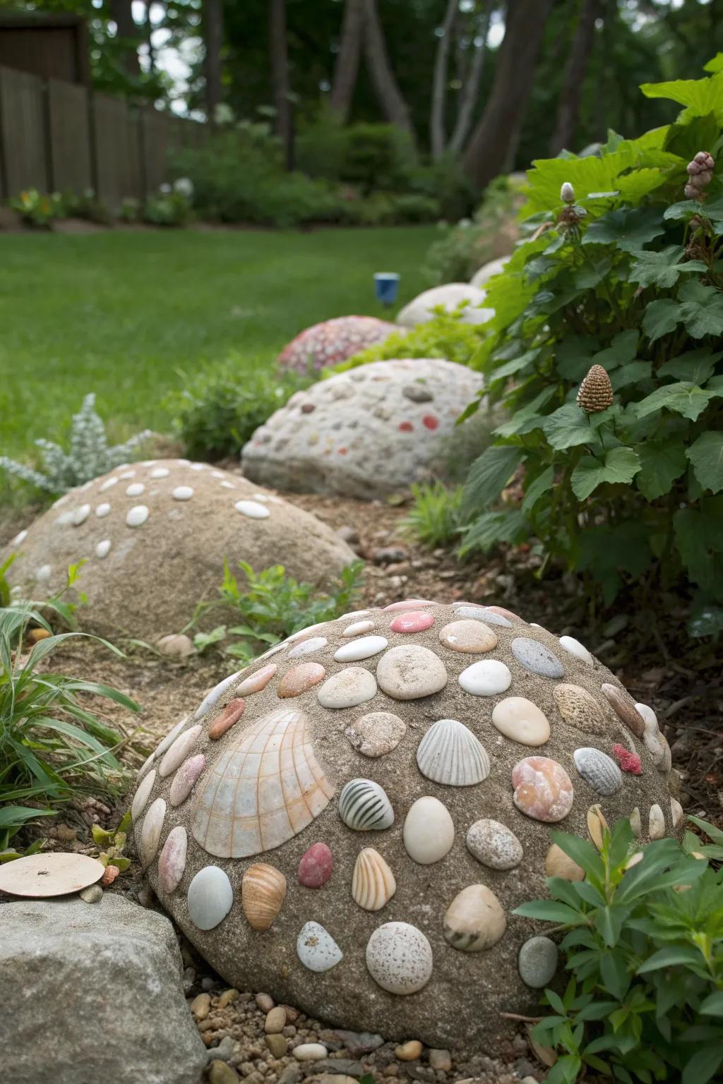 Turn ordinary stones into focal points with shell-covered garden rocks.