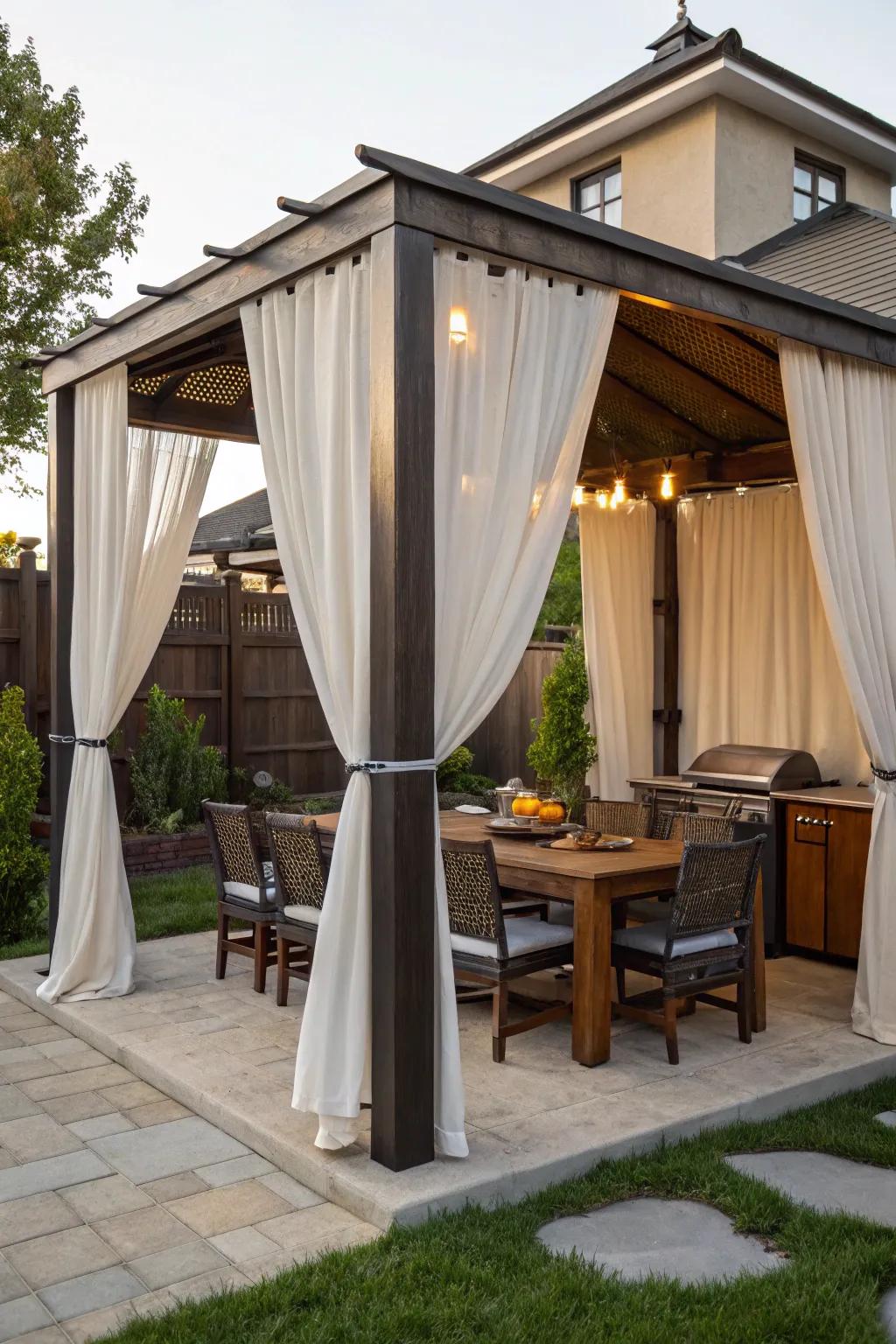 Curtains offer both privacy and an element of style to your BBQ shelter.