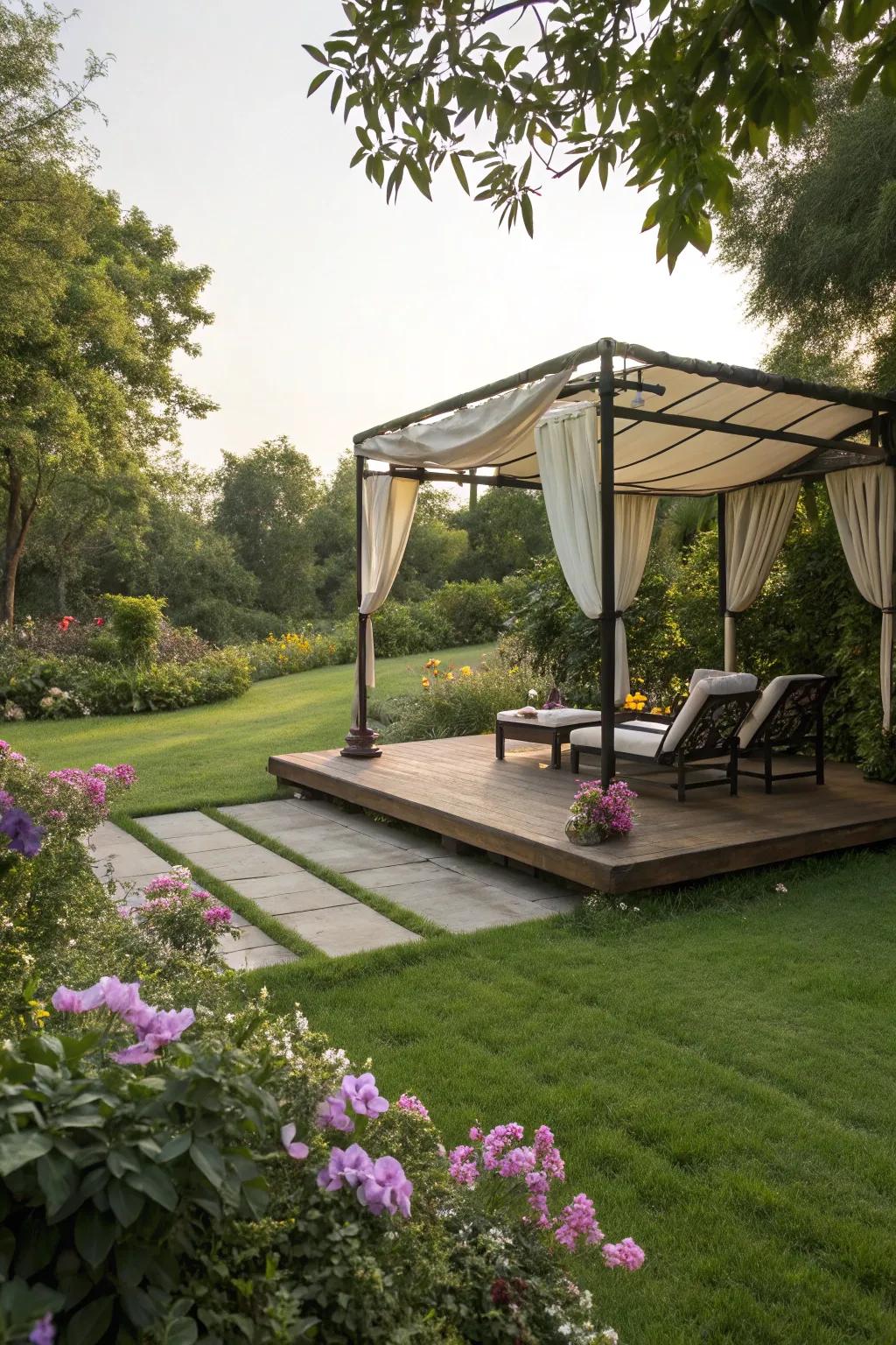 A floating deck offers a serene garden retreat.