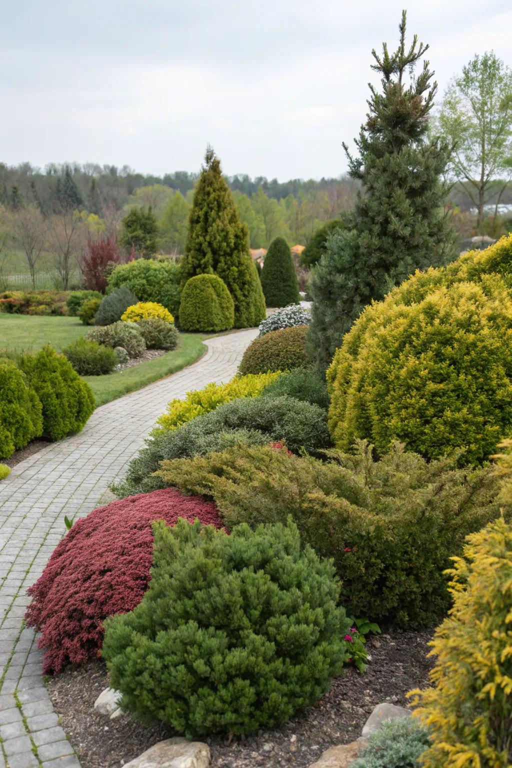 Evergreen shrubs offering year-round garden structure.