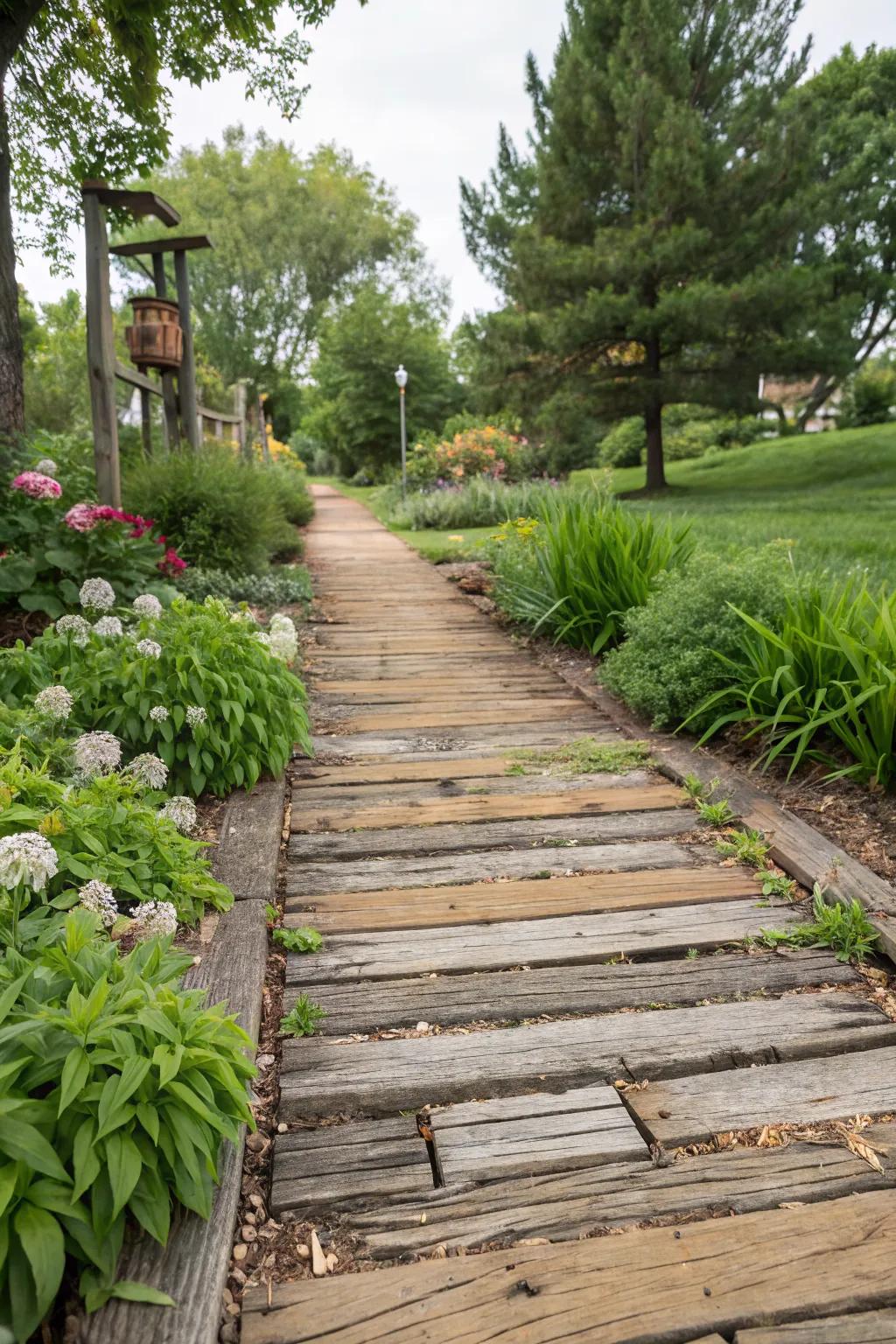 Reclaimed wood paths offer sustainability and unique character.