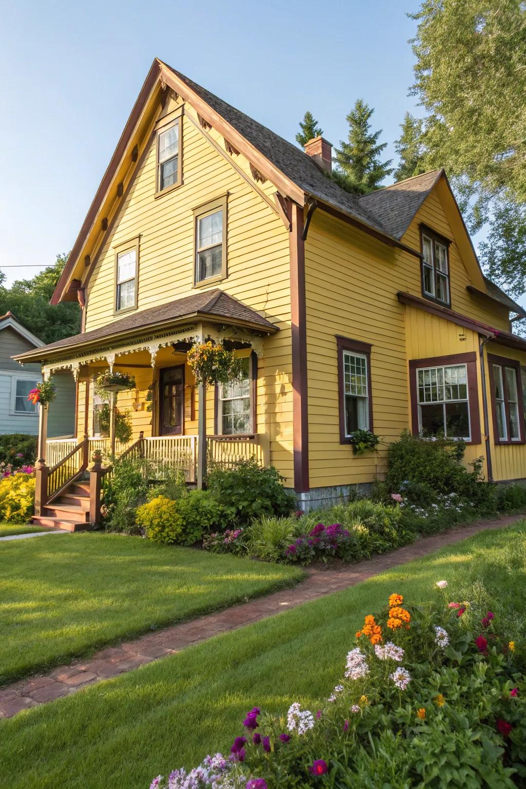 Yellow siding with brown trim creates a warm and inviting entrance.