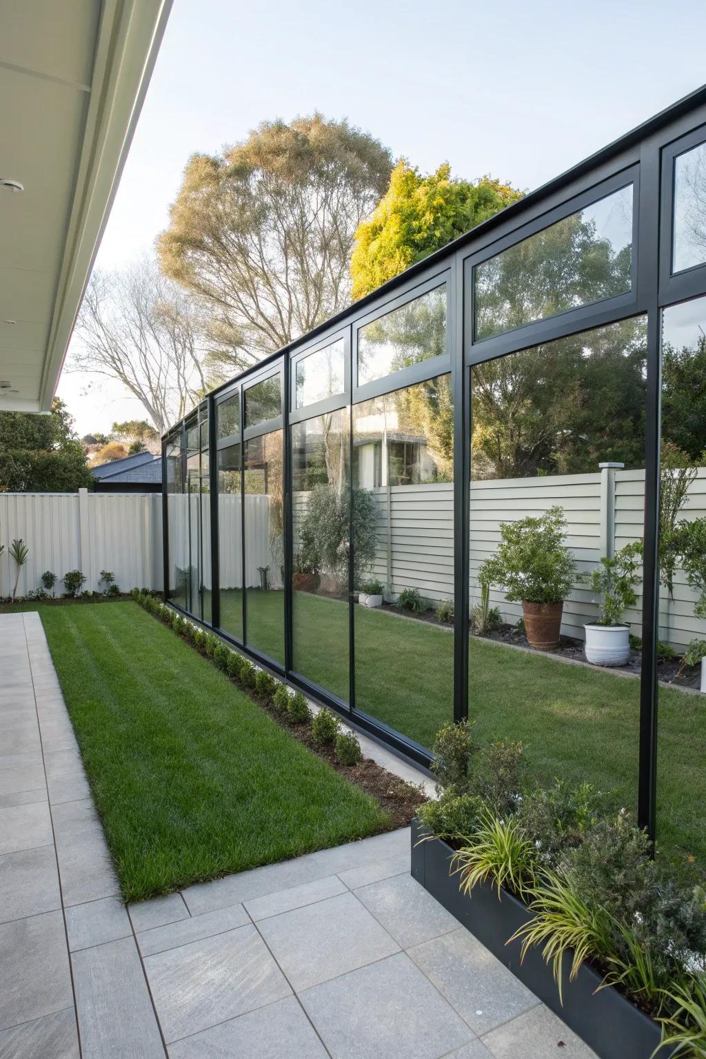 Glass panels offer a sleek, unobstructed view beyond your yard.