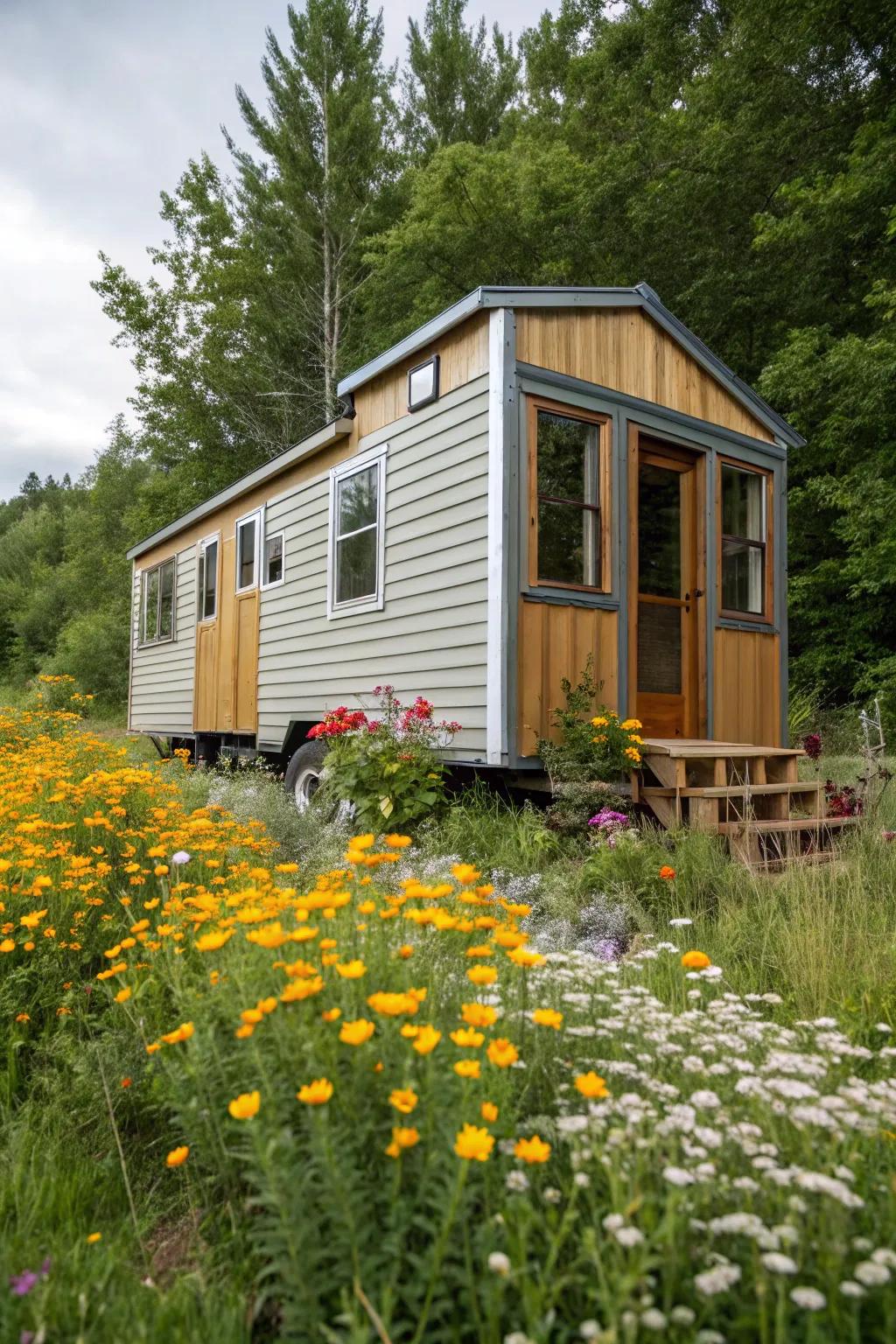 Mixing siding directions adds dynamic interest to this tiny home.