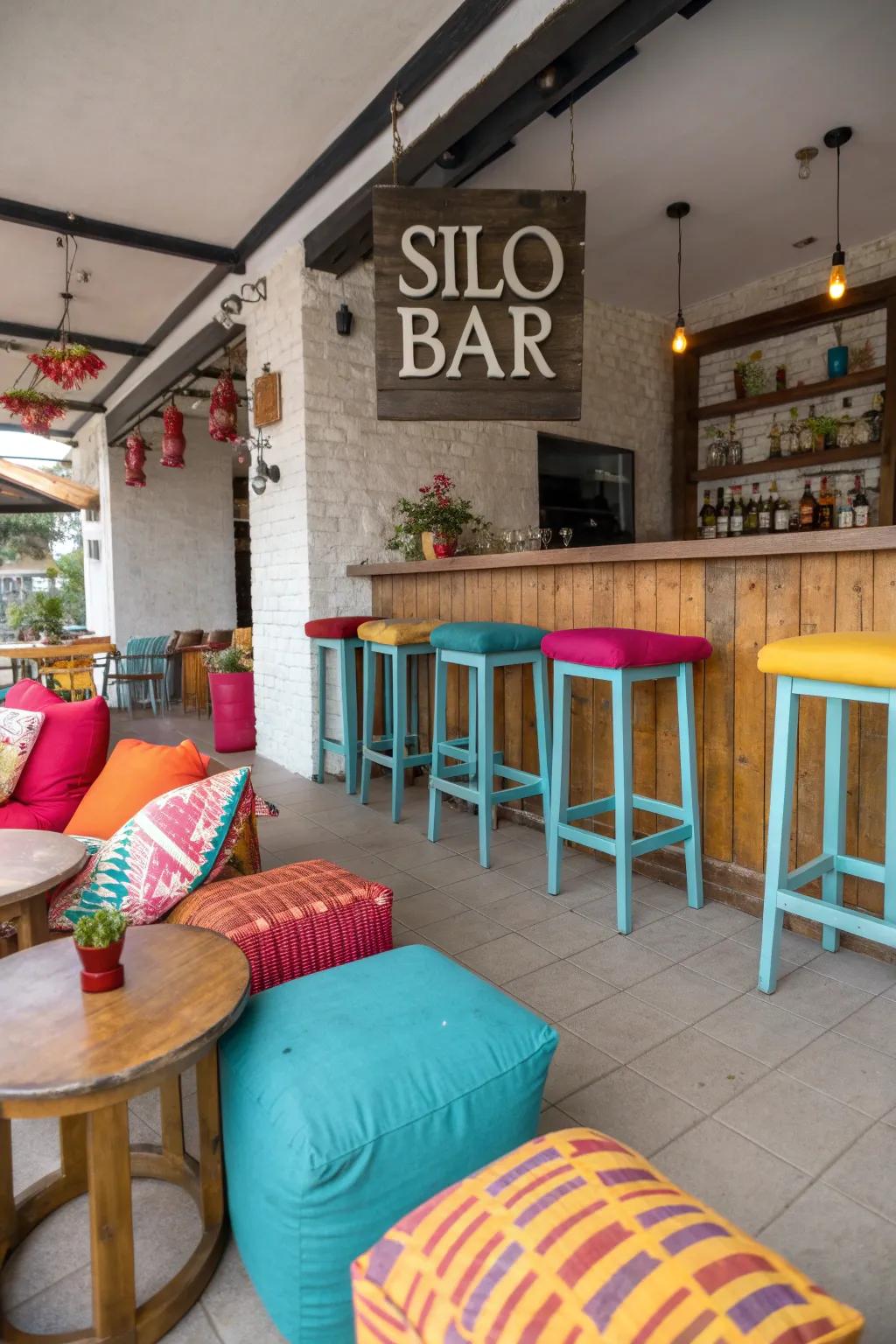Colorful accents like cushions adding vibrancy to a silo bar.