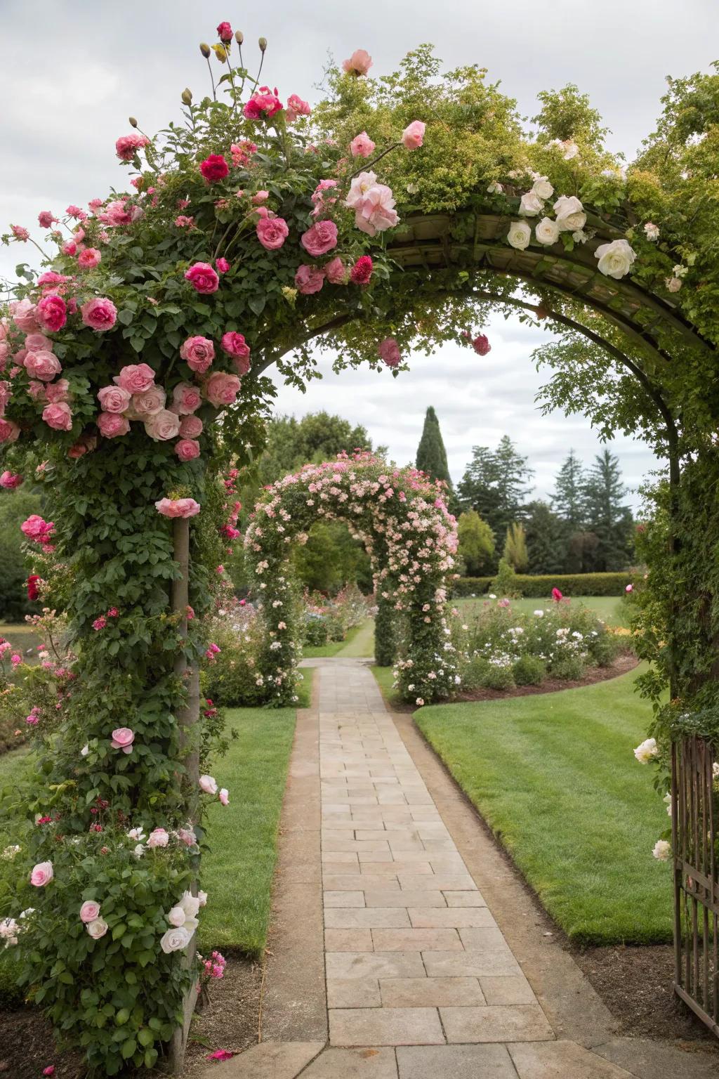 A garden arbor creating an enchanting entrance with climbing roses.