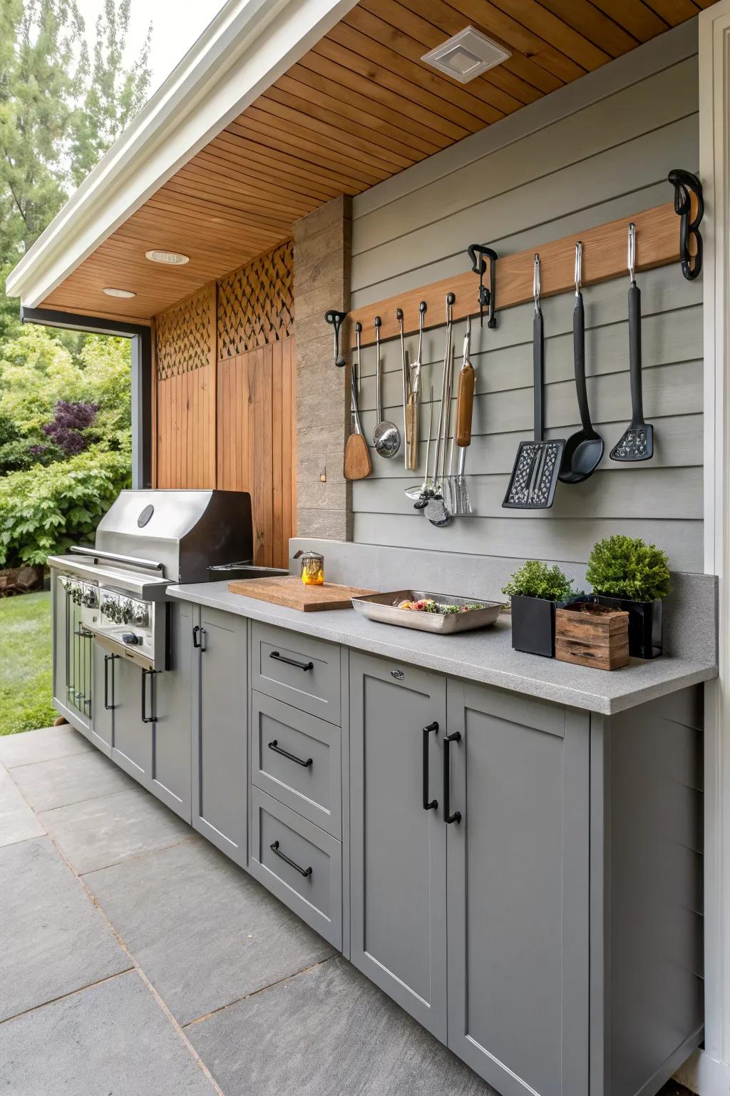 Integrated storage keeps your BBQ area tidy and organized.