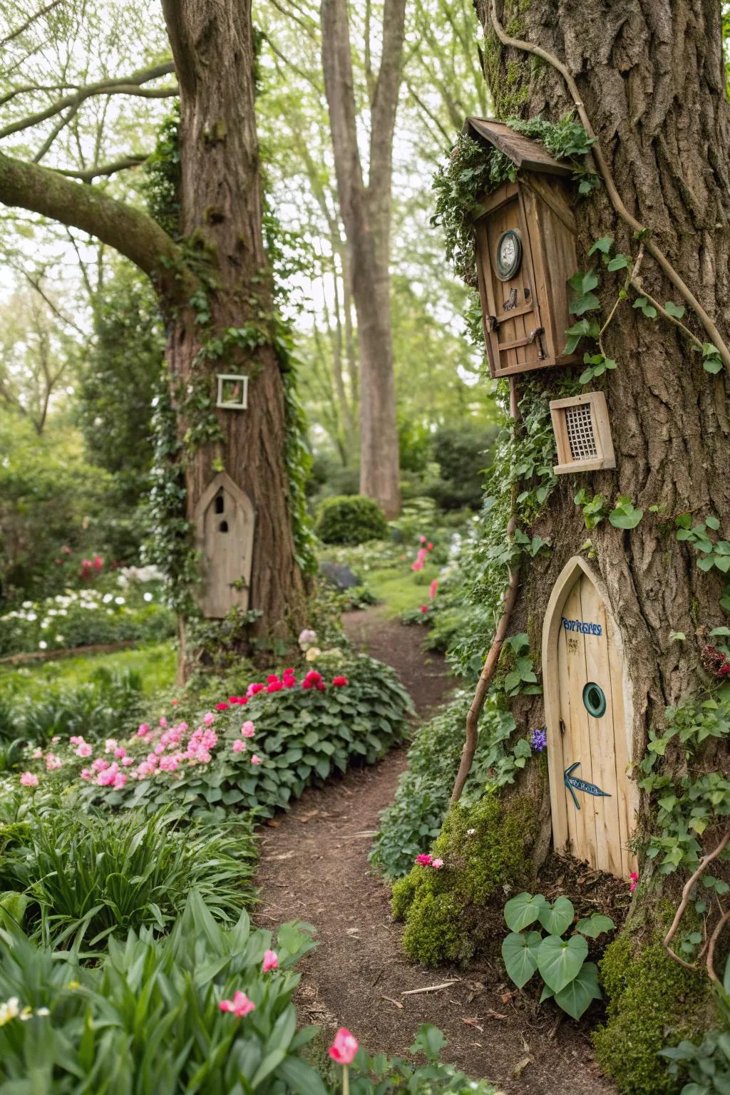 Charming fairy doors adding whimsy to the garden.