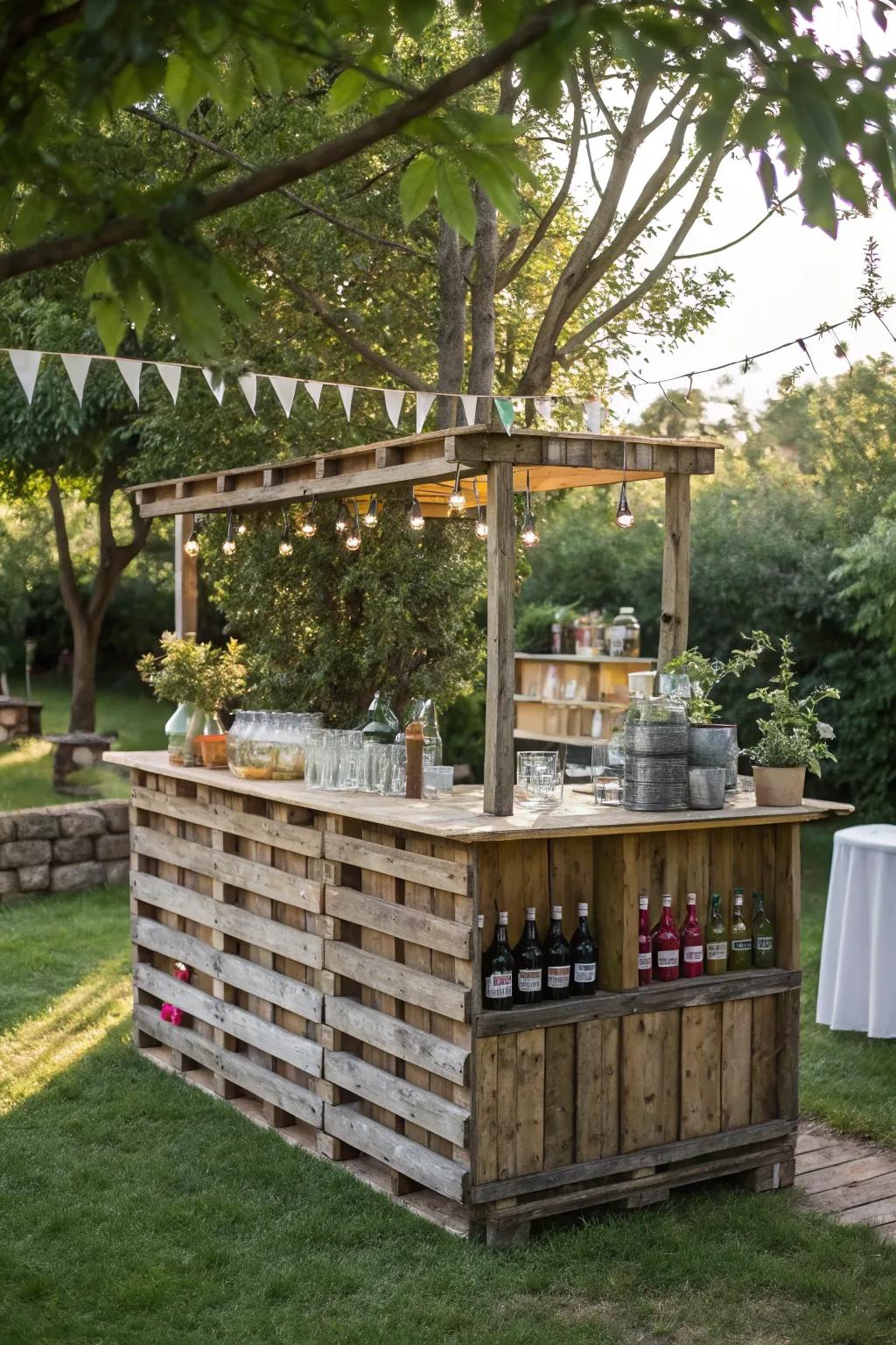 Entertain in style with an outdoor bar crafted from pallets.