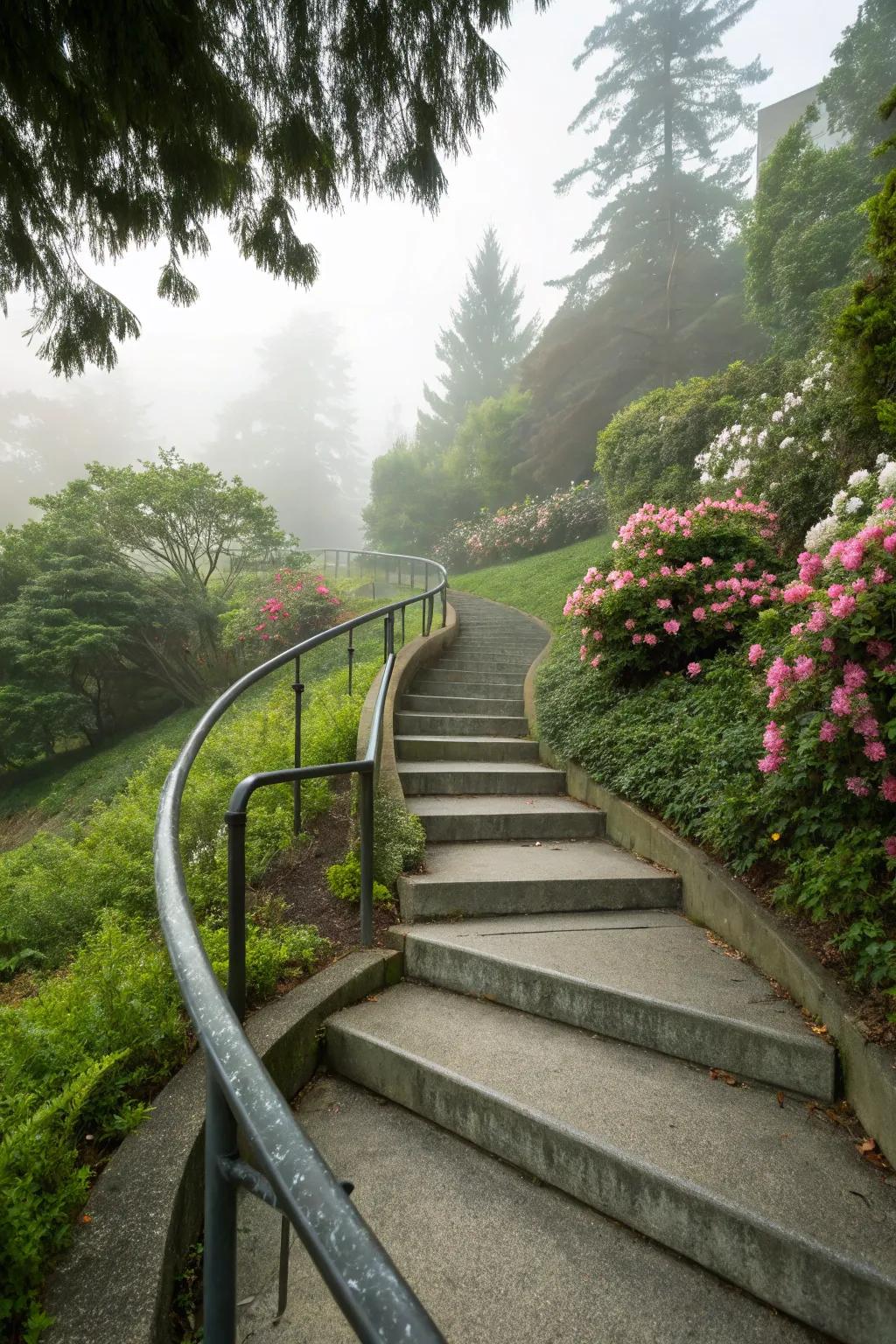 A curved handrail adds elegance and flow to these garden steps.