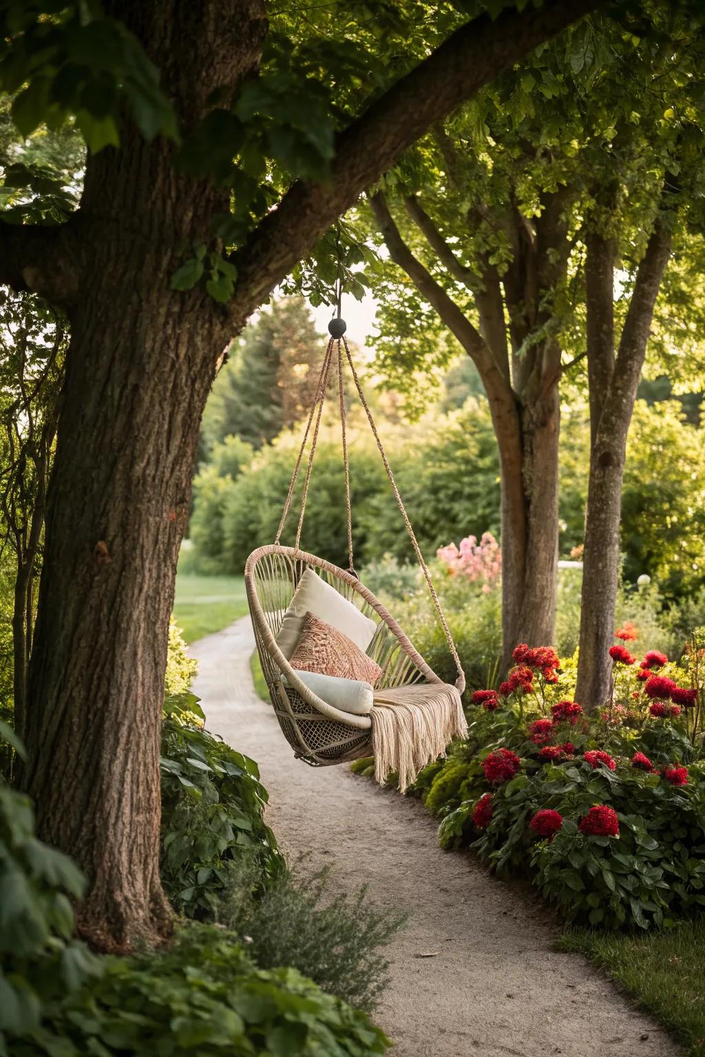 A hanging chair adds comfort and fun.