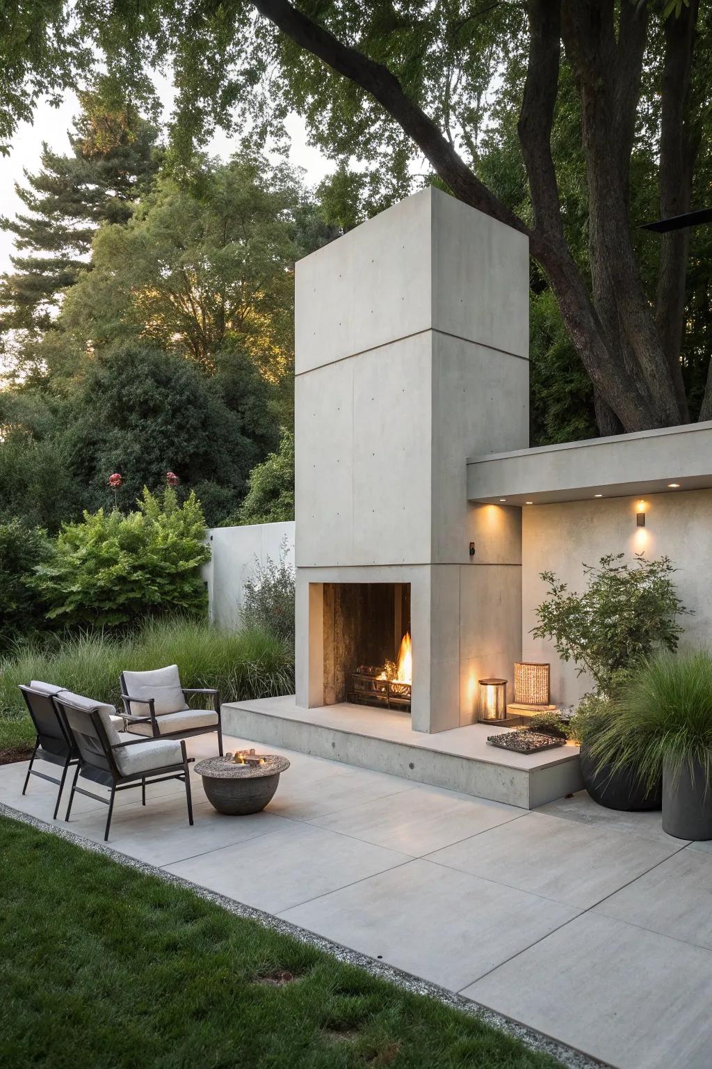 Concrete fireplaces add a chic, industrial vibe.