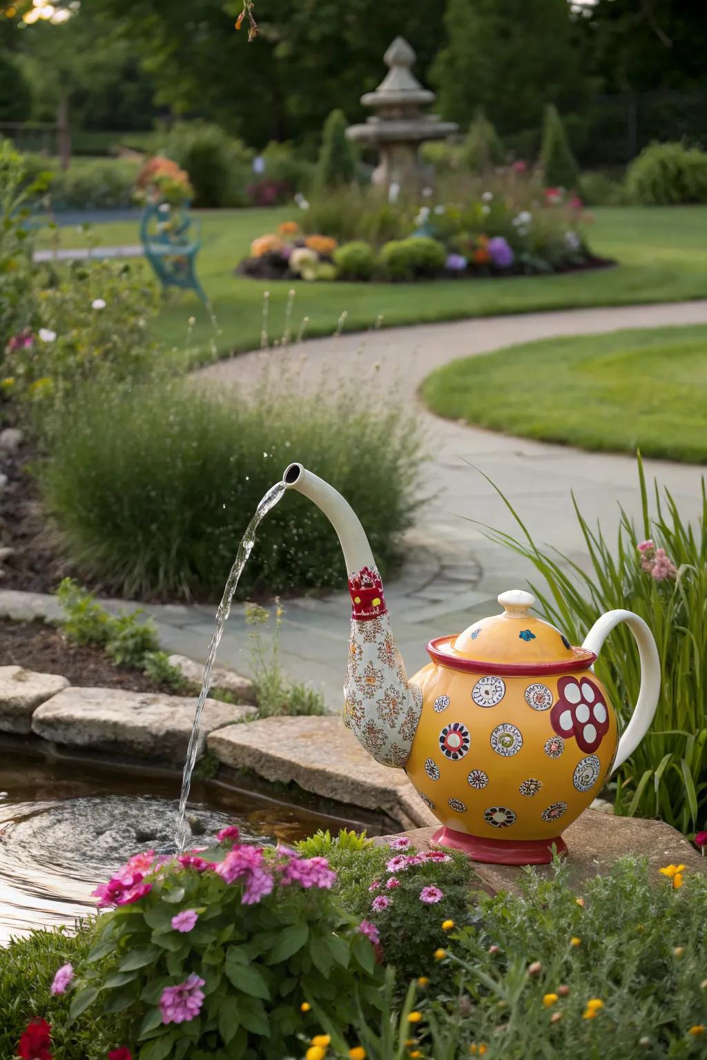 Delight with a whimsical teapot fountain.