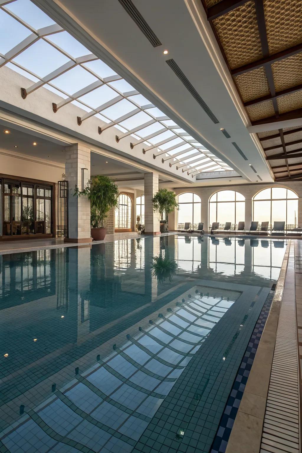 A pool with a reflective surface that enhances its visual appeal.