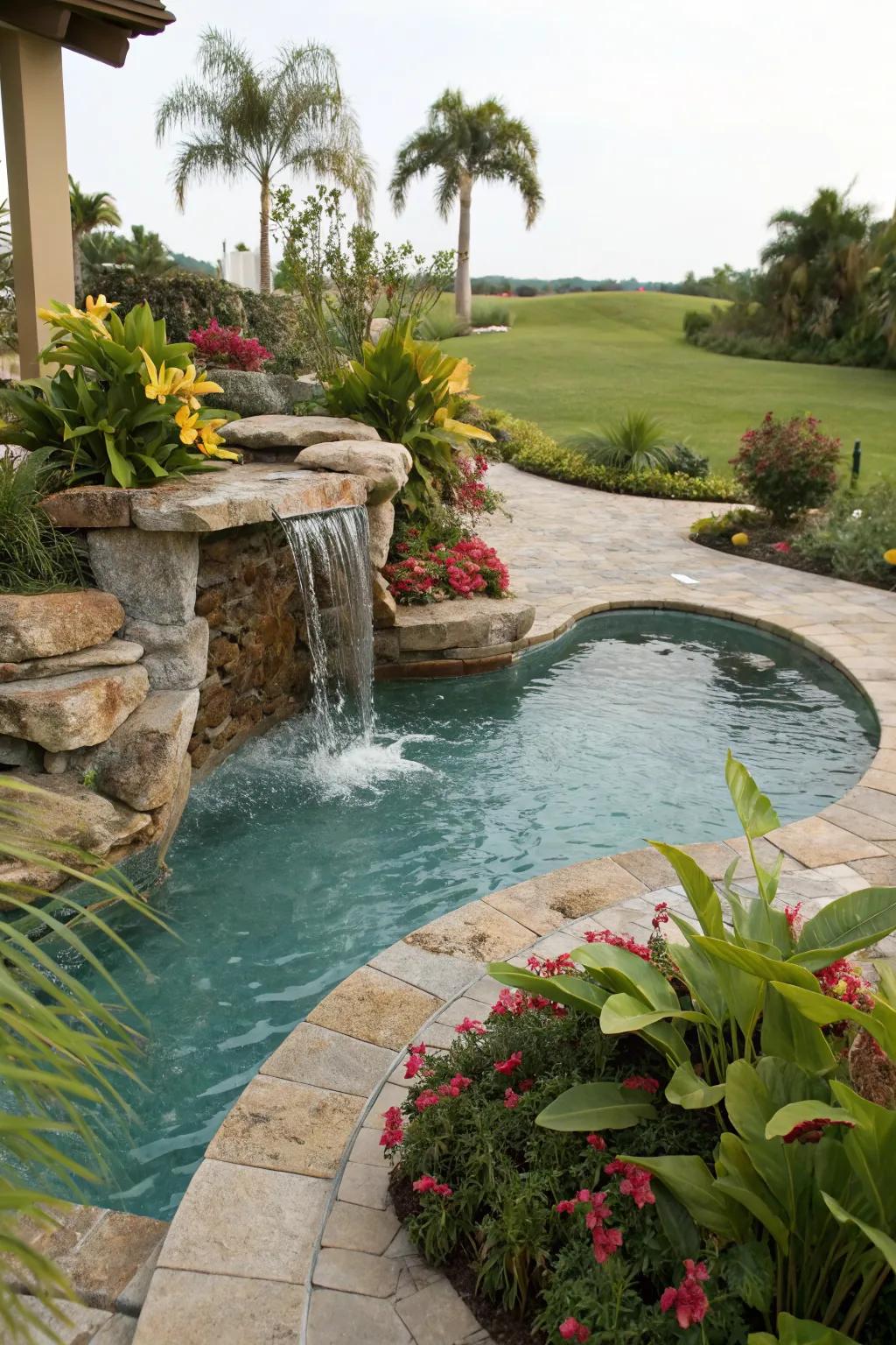 A miniature waterfall garden brings nature closer to your pool.