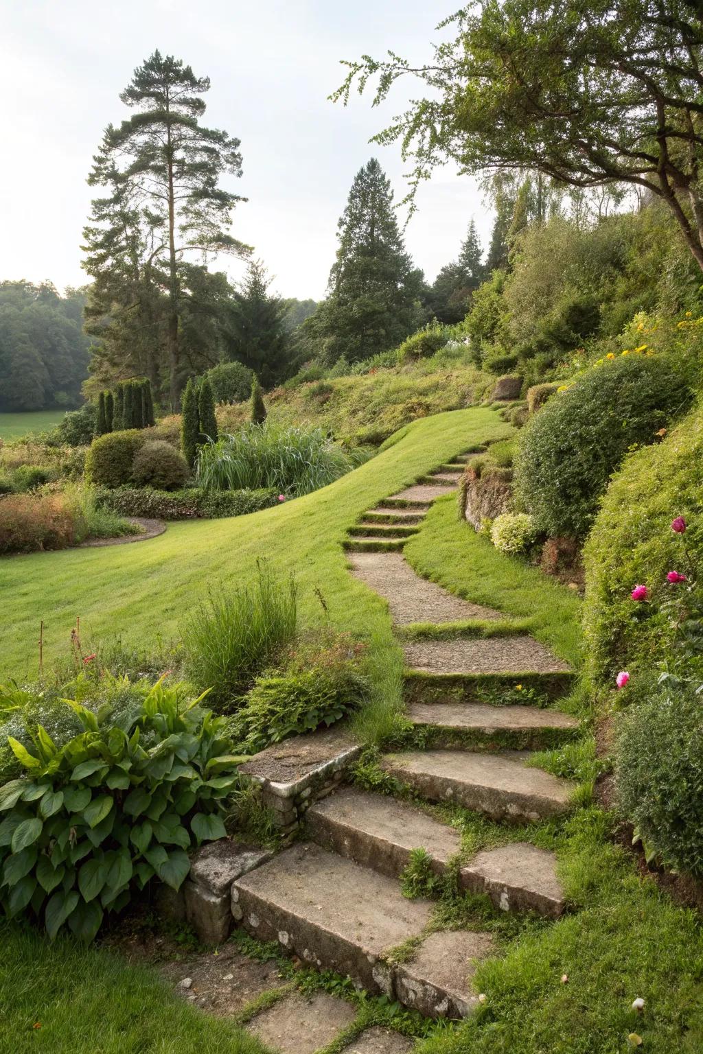 Grass steps offering a natural, seamless garden transition.