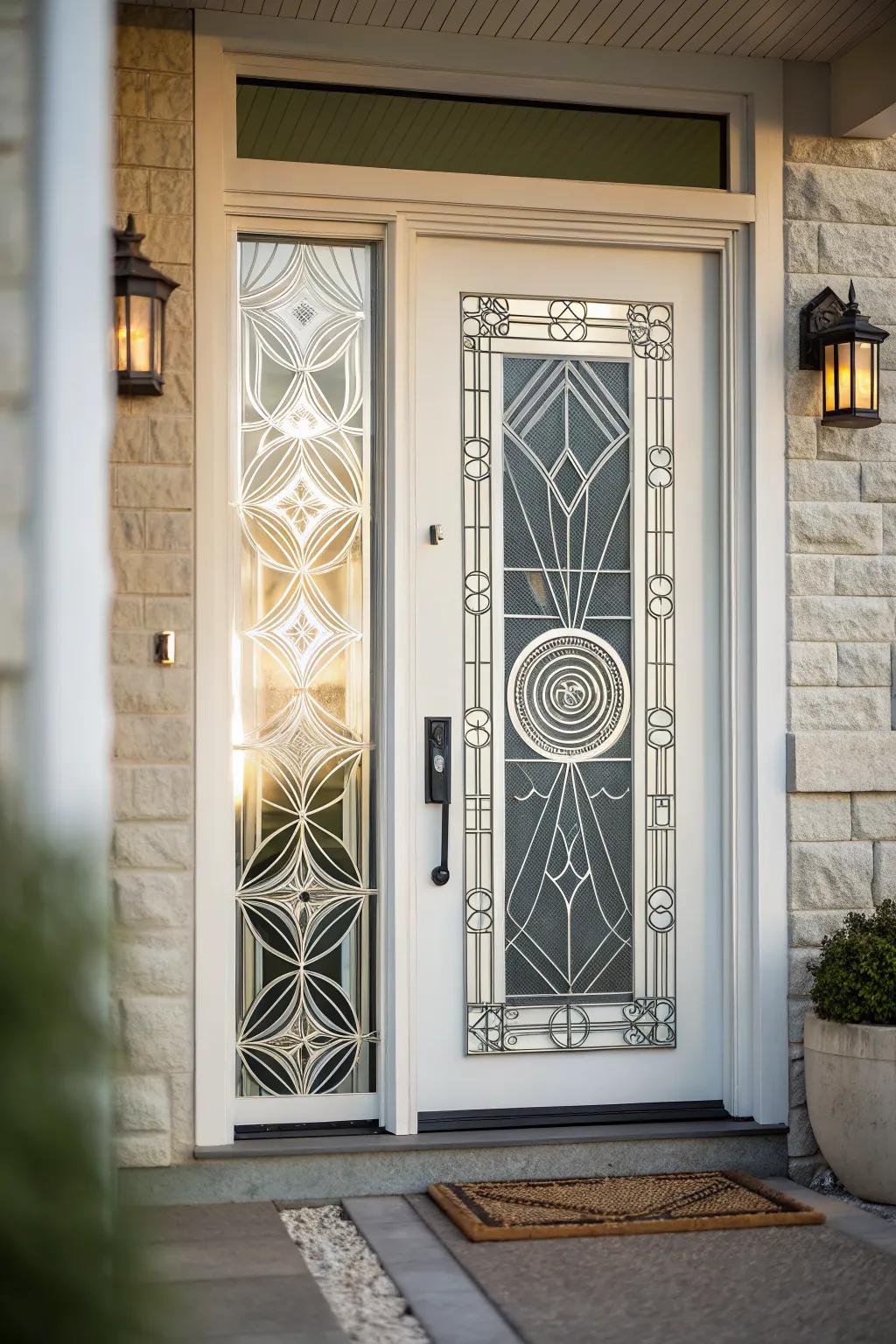Geometric patterns adding a creative flair to a front door.