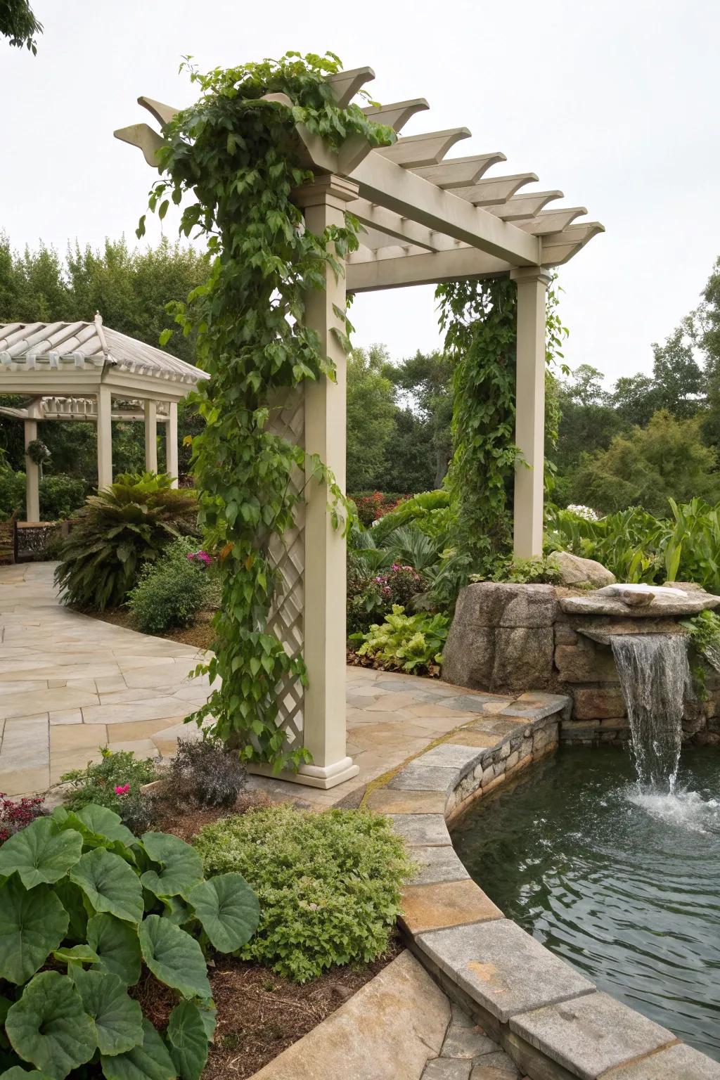 A water feature with an arbor creates a soothing garden oasis.