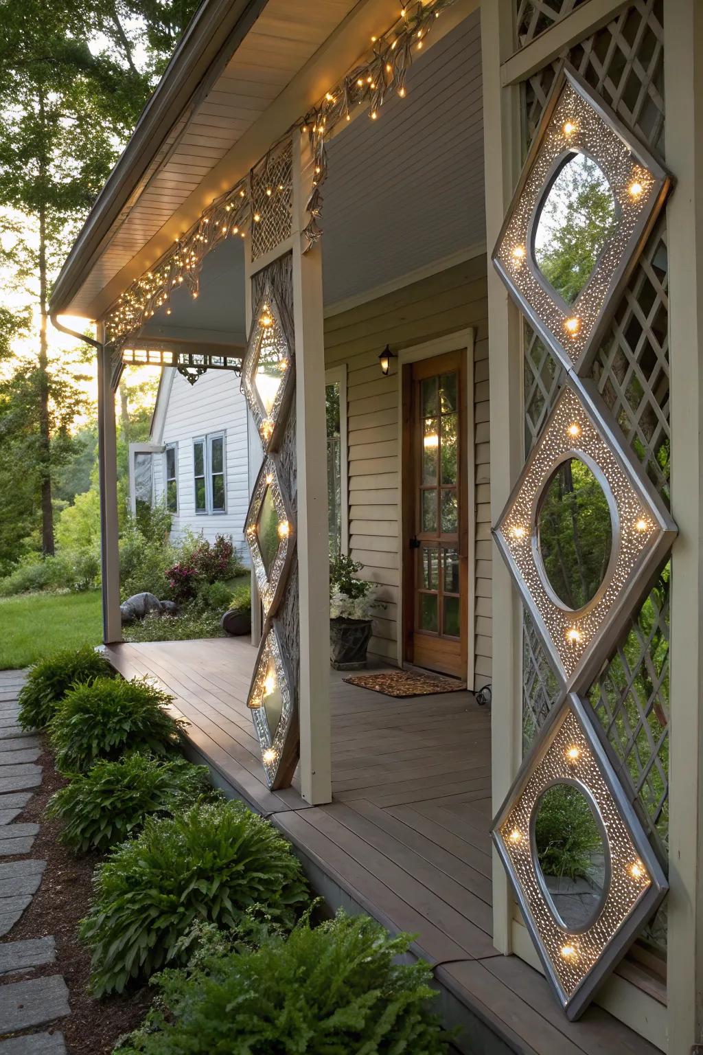 Mirrors on the porch reflect light and create an illusion of more space.