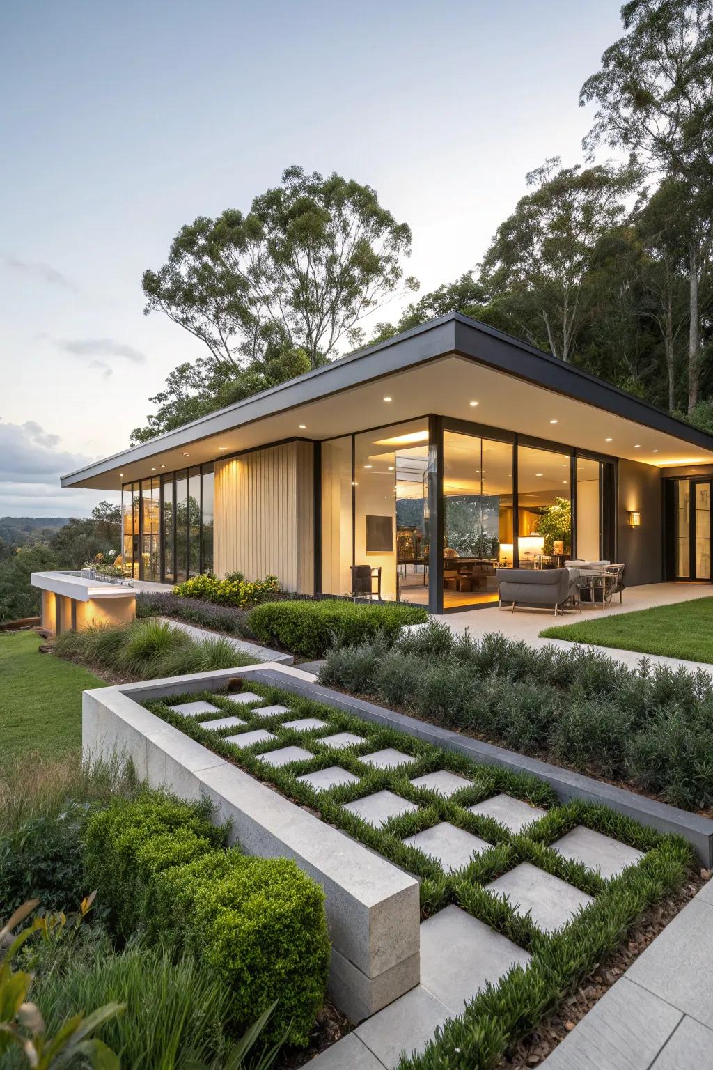 A skillion roof home harmoniously integrated with modern landscaping.