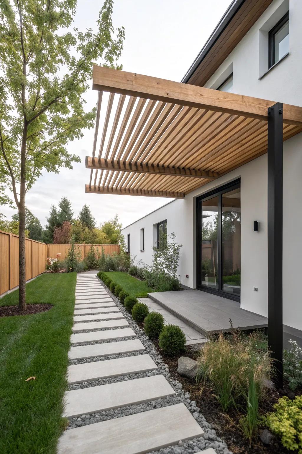 A modern backyard with floating slats offering an airy and open feel.