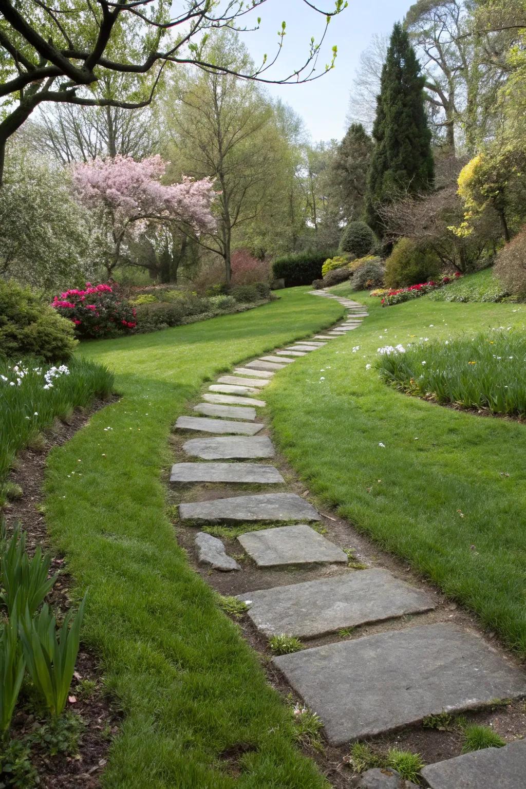 Slate stepping stones offer charm and functionality.