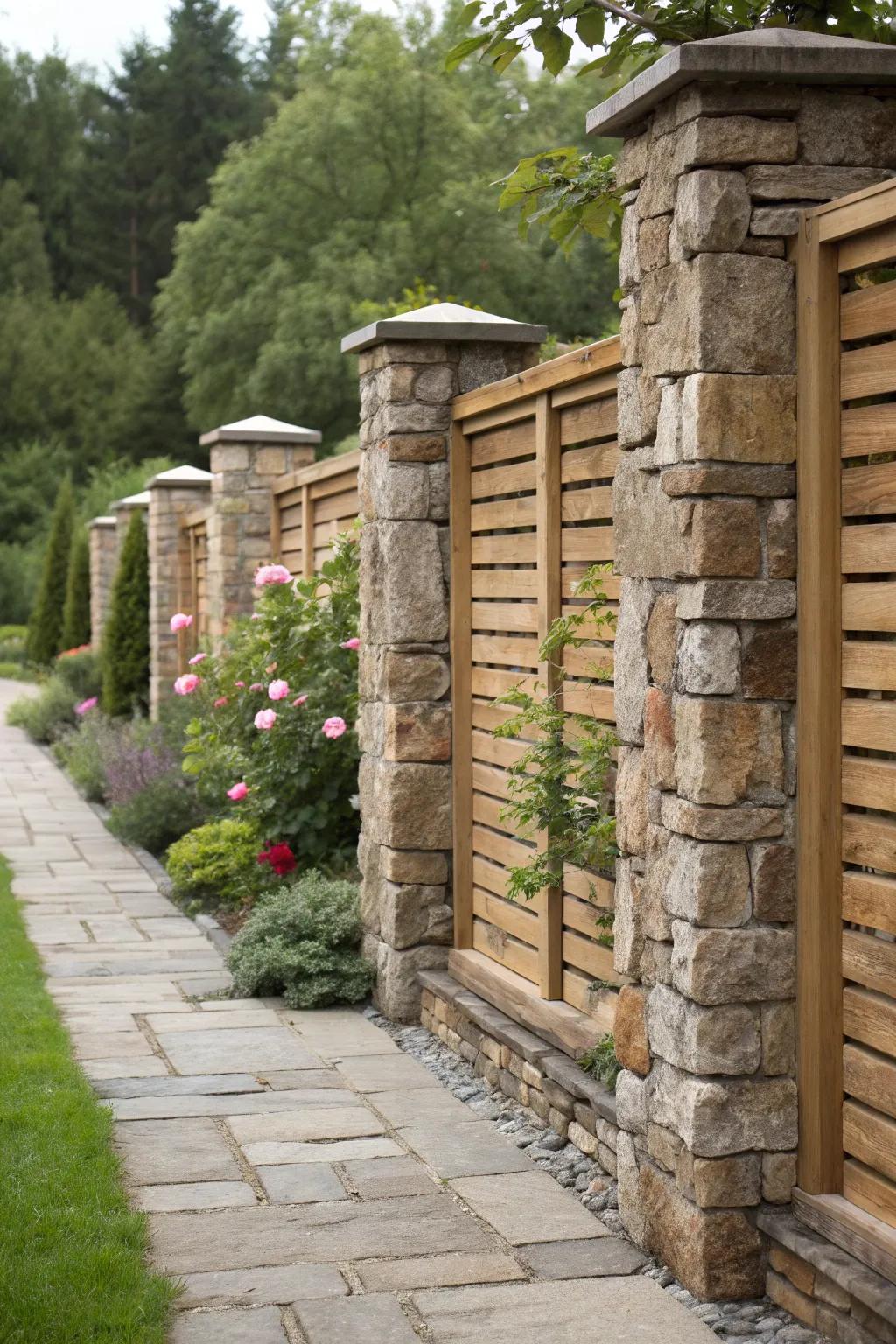 A rustic garden boundary with a stone and wood fence combo.