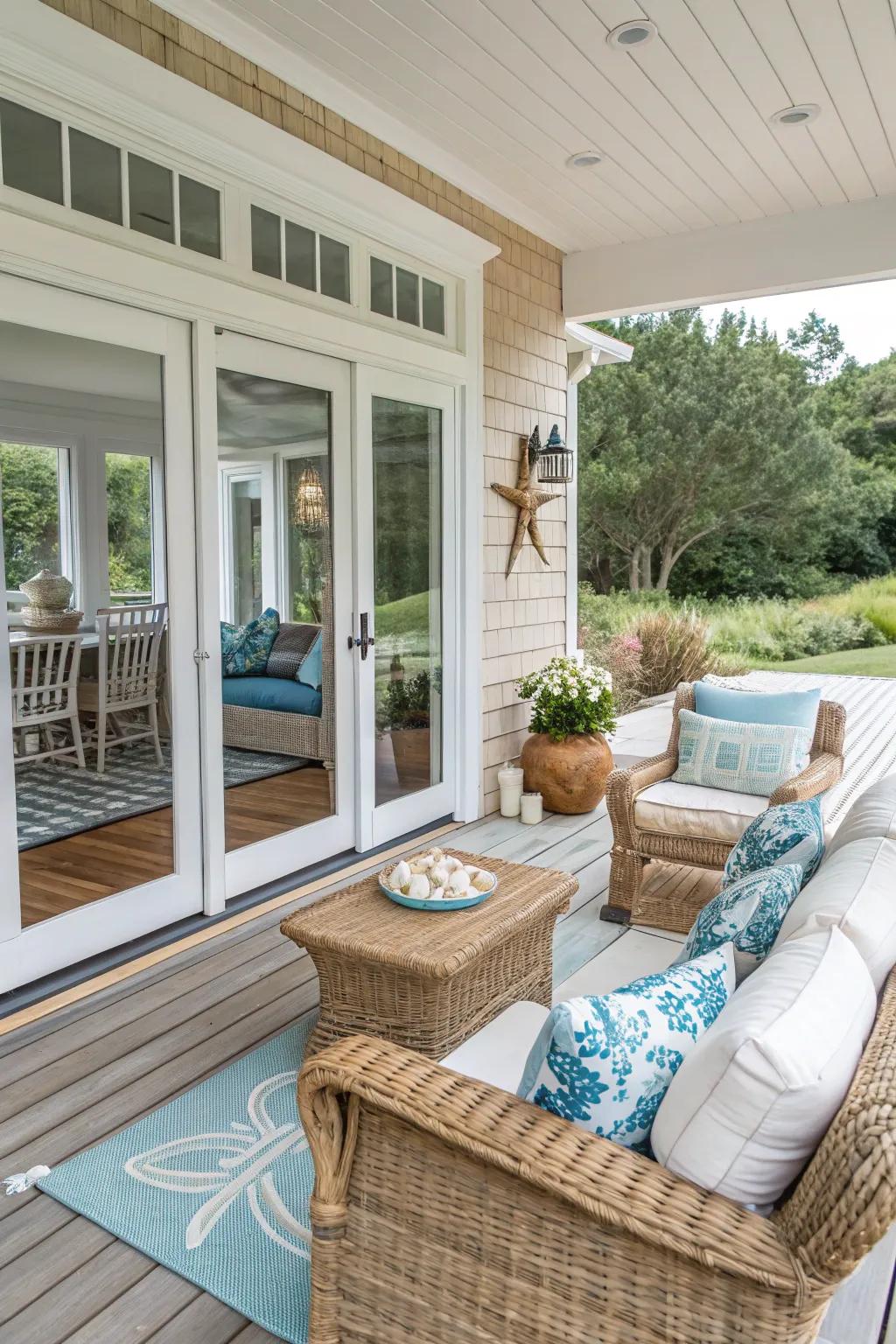Coastal decor and light colors bring a fresh, beachy feel to a deck.