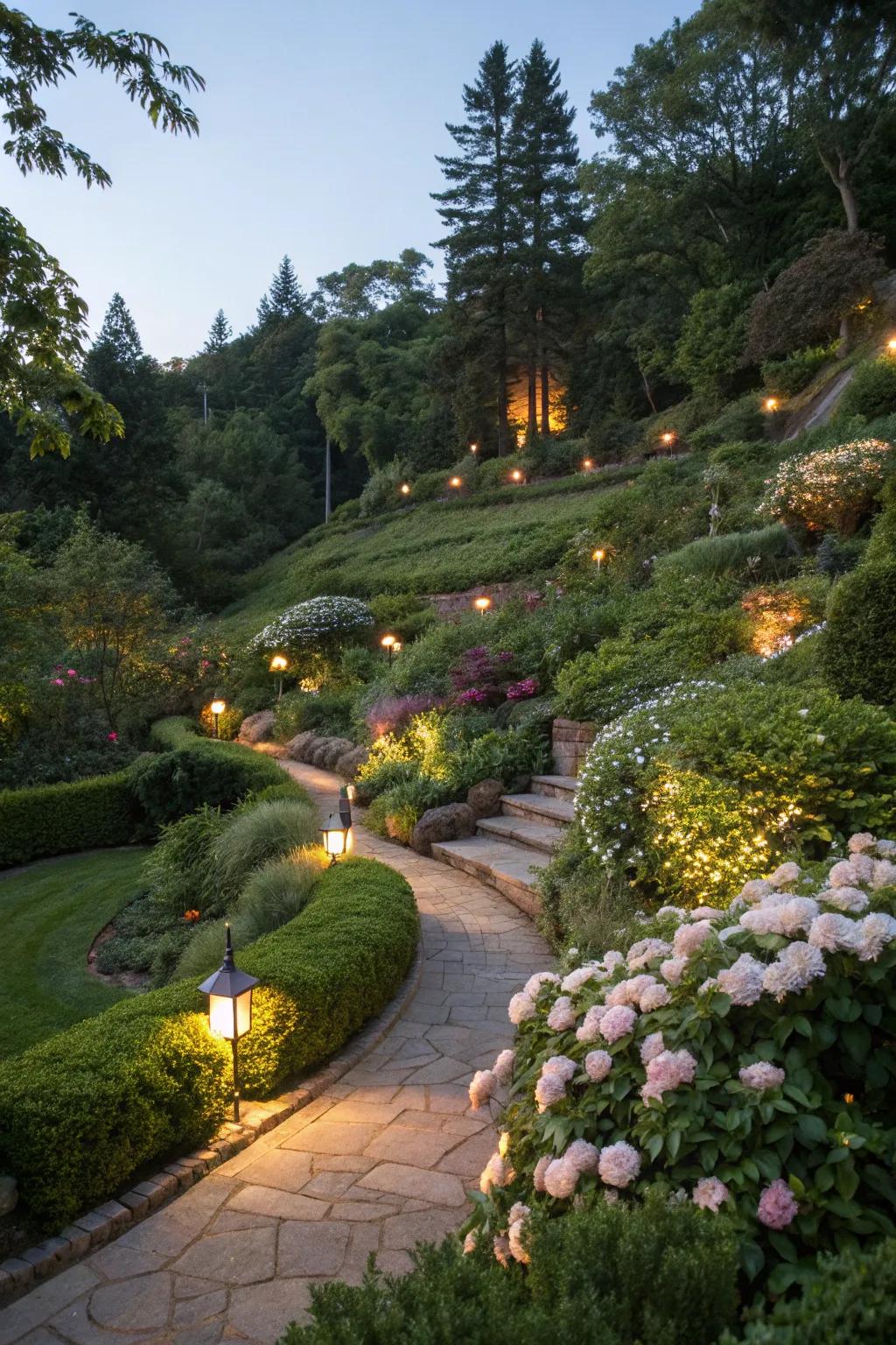 Outdoor lighting adds magic to sloped gardens at night.