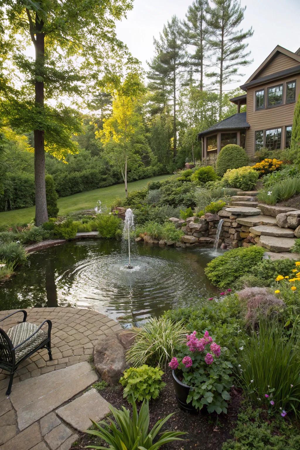 A pond or fountain adds charm and attracts wildlife to a sloped yard.