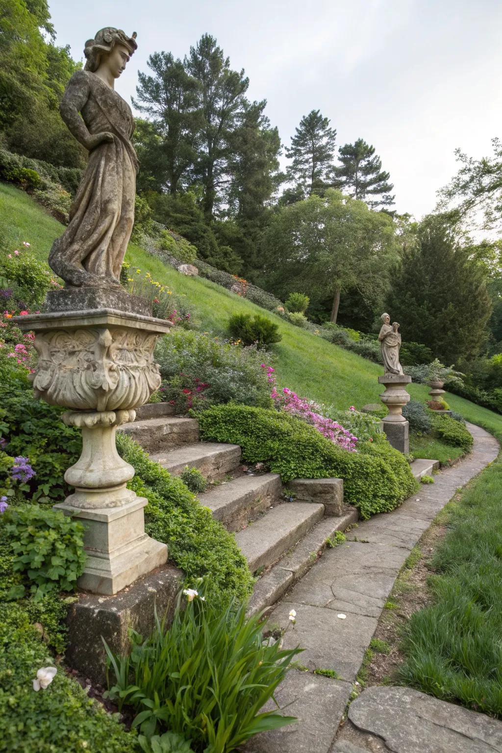 Artistic stone sculptures adding a creative touch to a sloped garden.