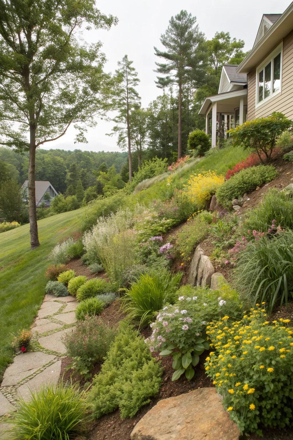 Native plants thrive effortlessly on slopes.