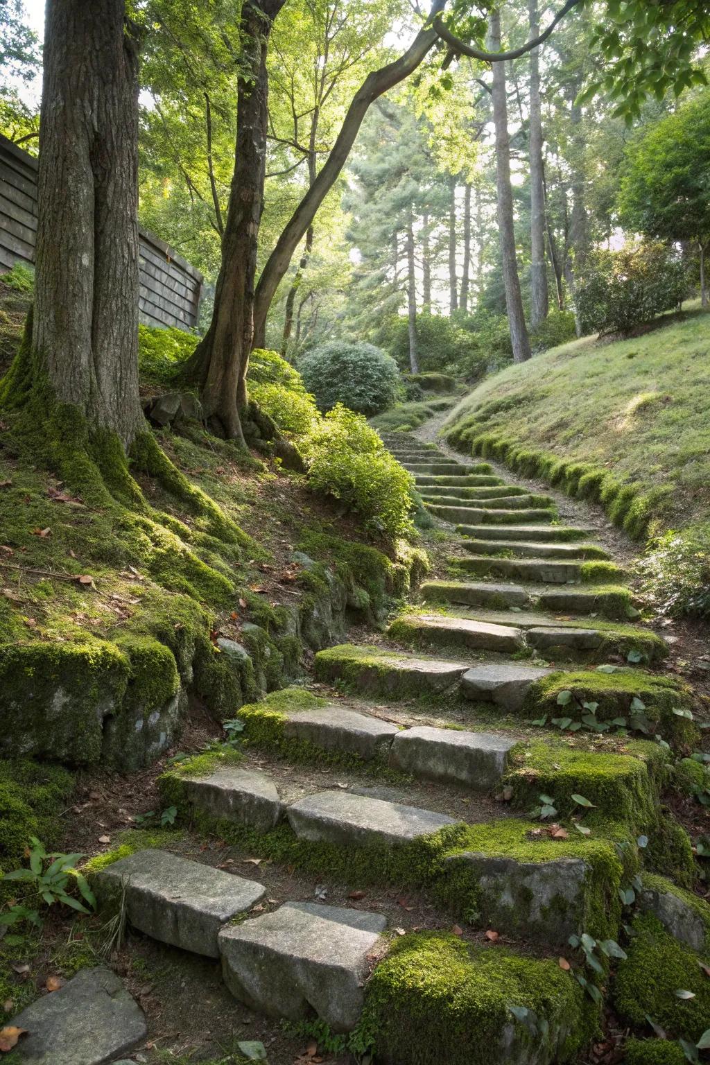 Stone steps make navigating slopes a breeze.