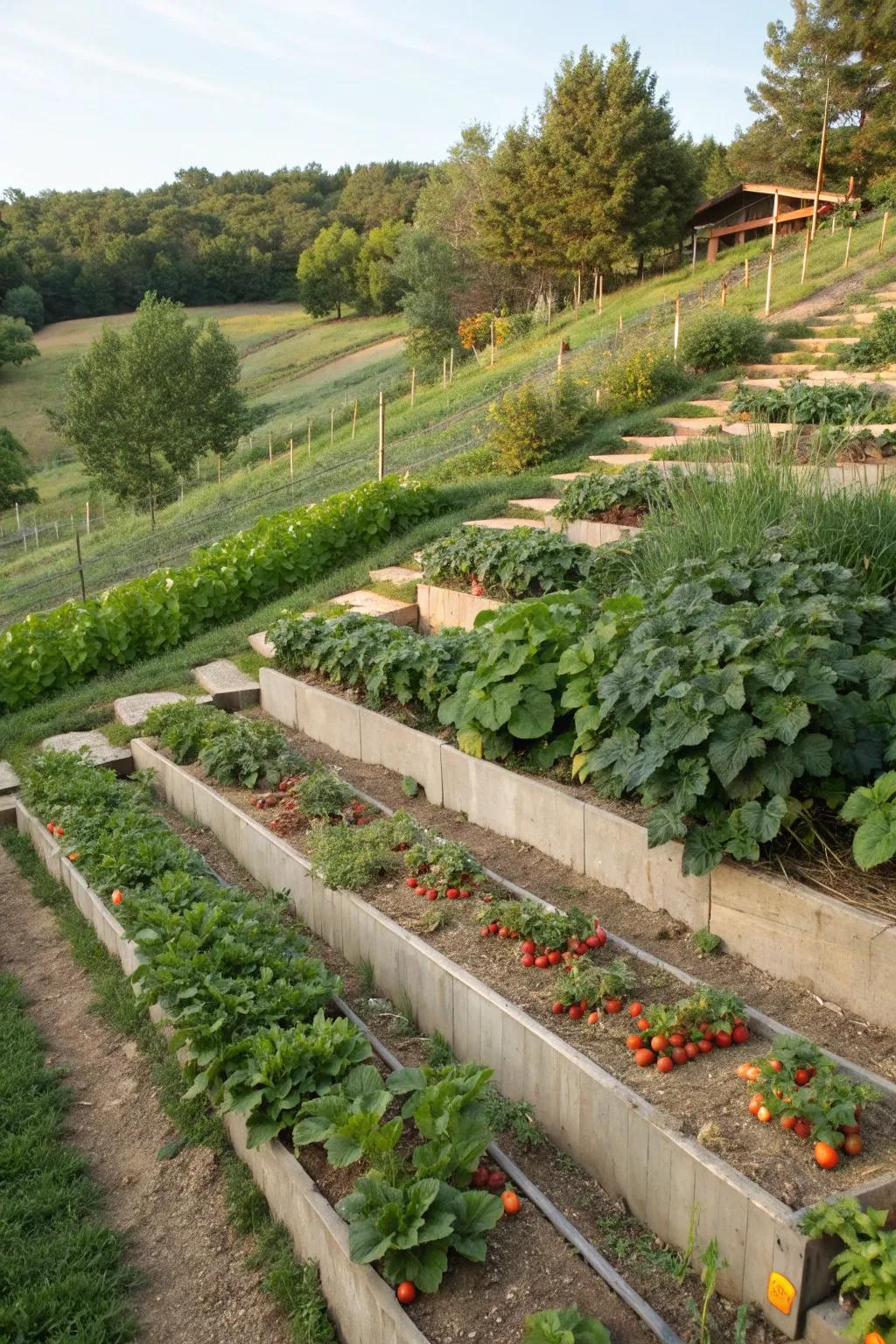 Fruit and vegetable terraces provide a productive and attractive use for slopes.