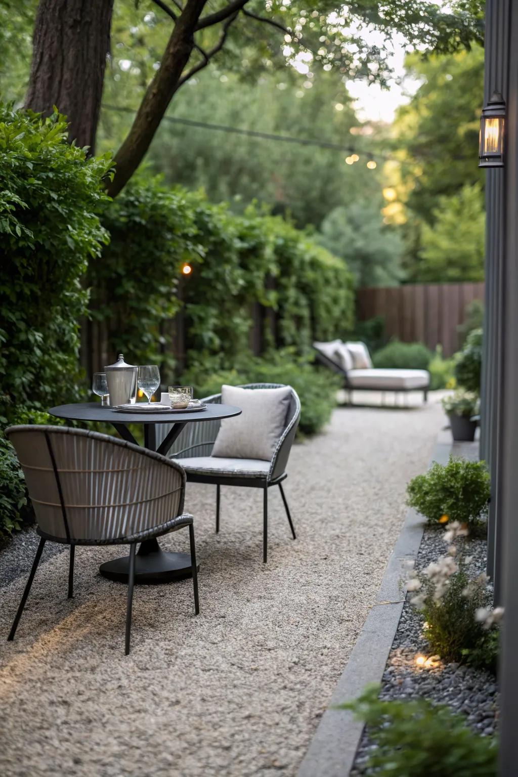 A chic gravel patio provides a modern outdoor space.