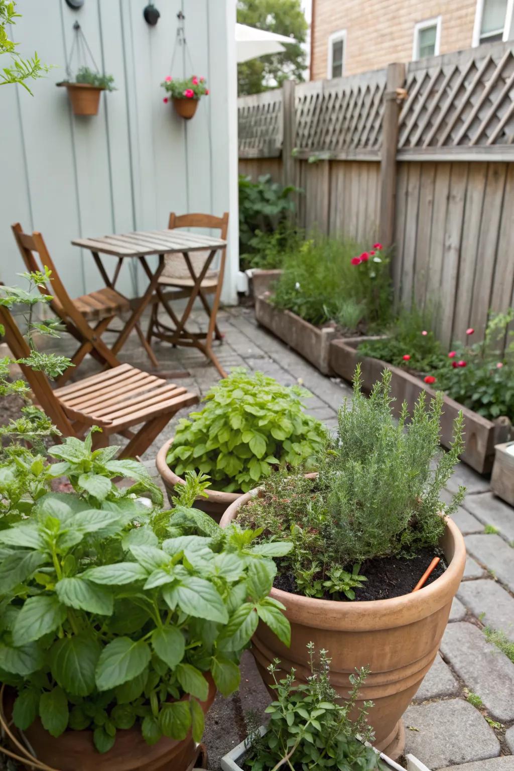 Herb gardens add greenery and culinary delights.
