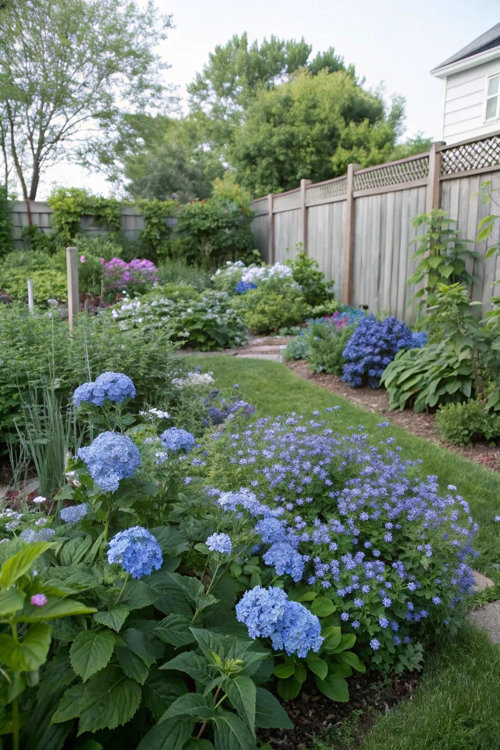 A monochromatic garden with calming blue hues.