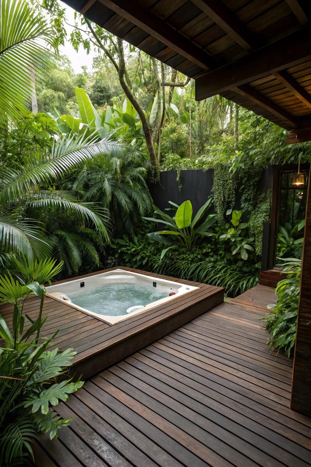 Transform your jacuzzi area into a tropical paradise with lush greenery.