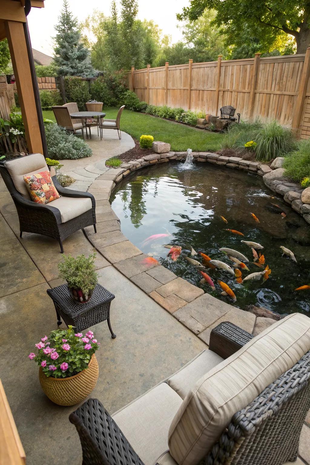 A viewing patio offers a perfect spot to relax by the pond.