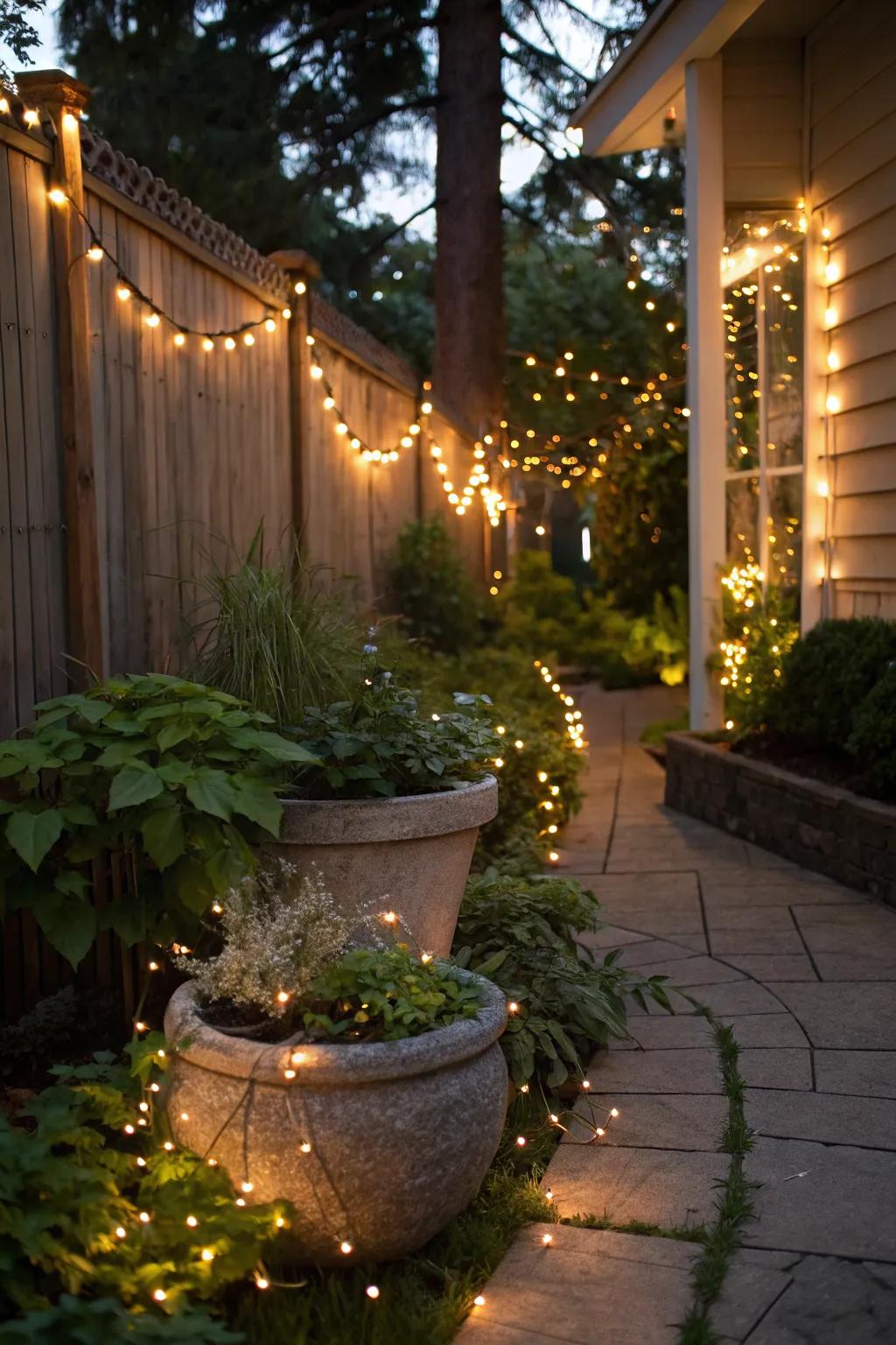 Fairy lights in planters bring a whimsical glow to your greenery.