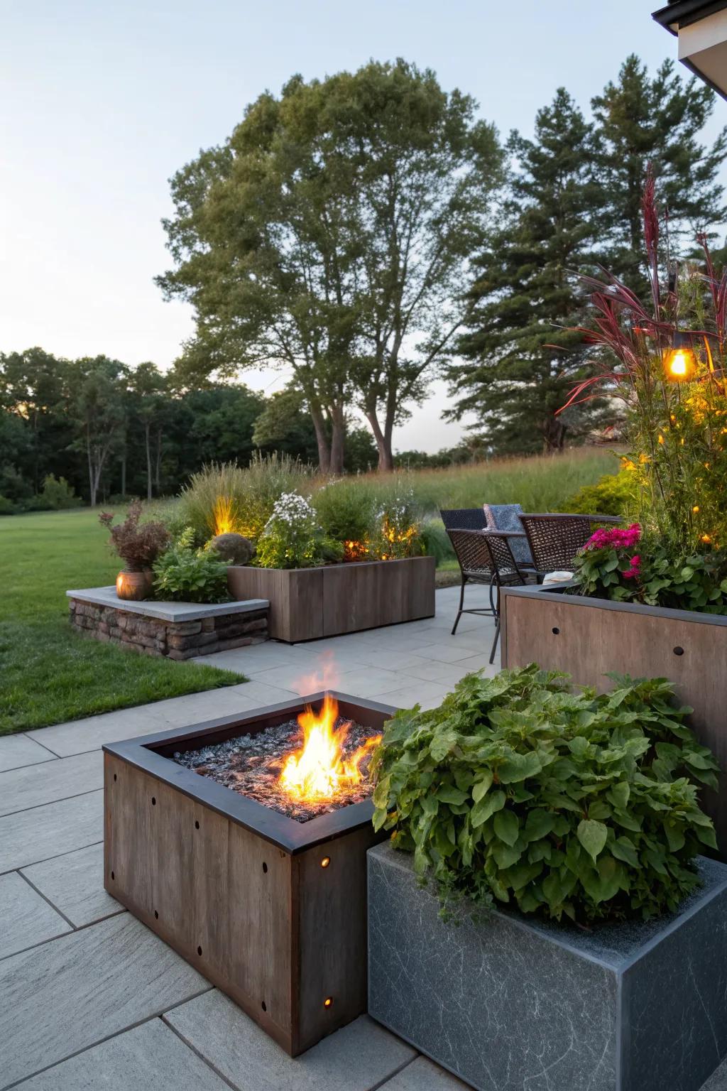 Lush and vibrant setup with built-in planters around the fire pit.