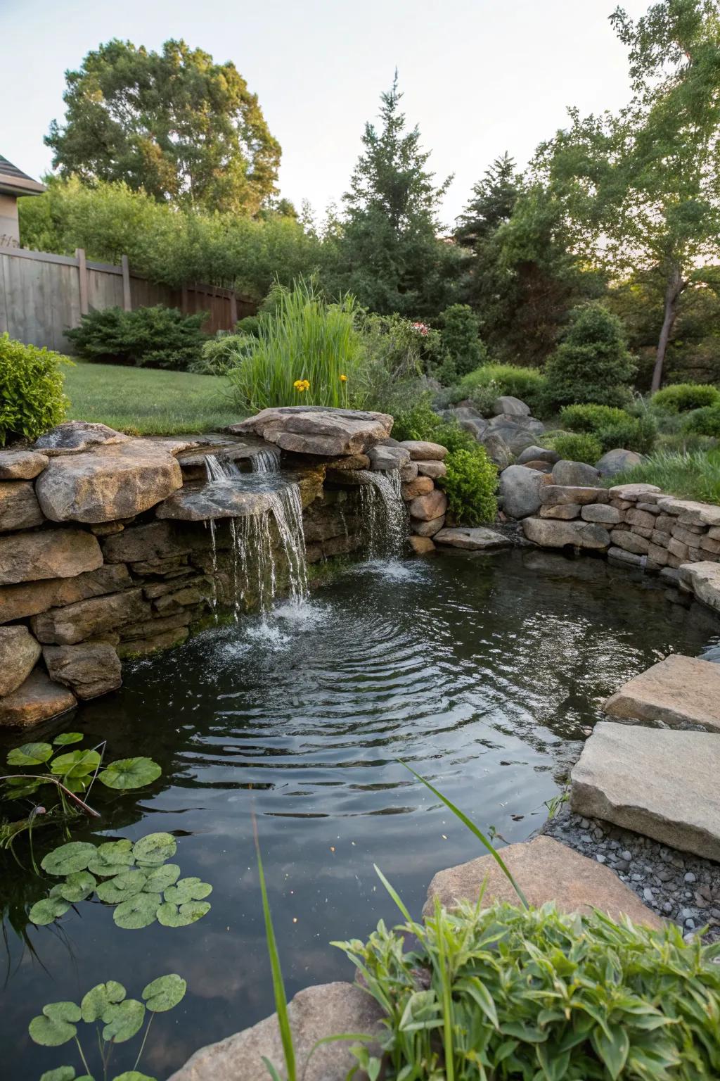 A rustic backyard pond with a natural stone waterfall.