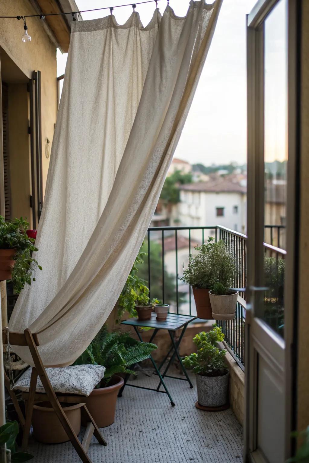 Outdoor fabric provides a soft and adaptable privacy solution.