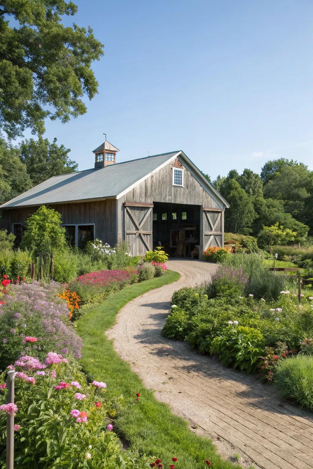 An open-air barn design that seamlessly blends with its natural surroundings.