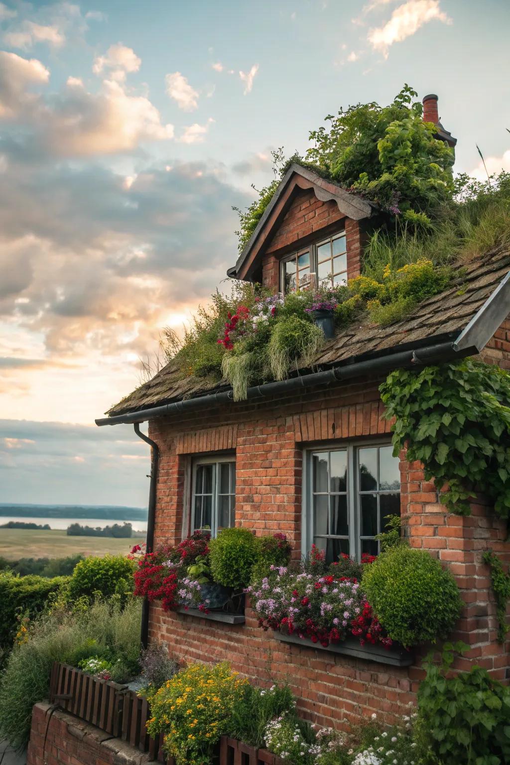 A small brick house with charming greenery in rooftop gardens and window boxes.