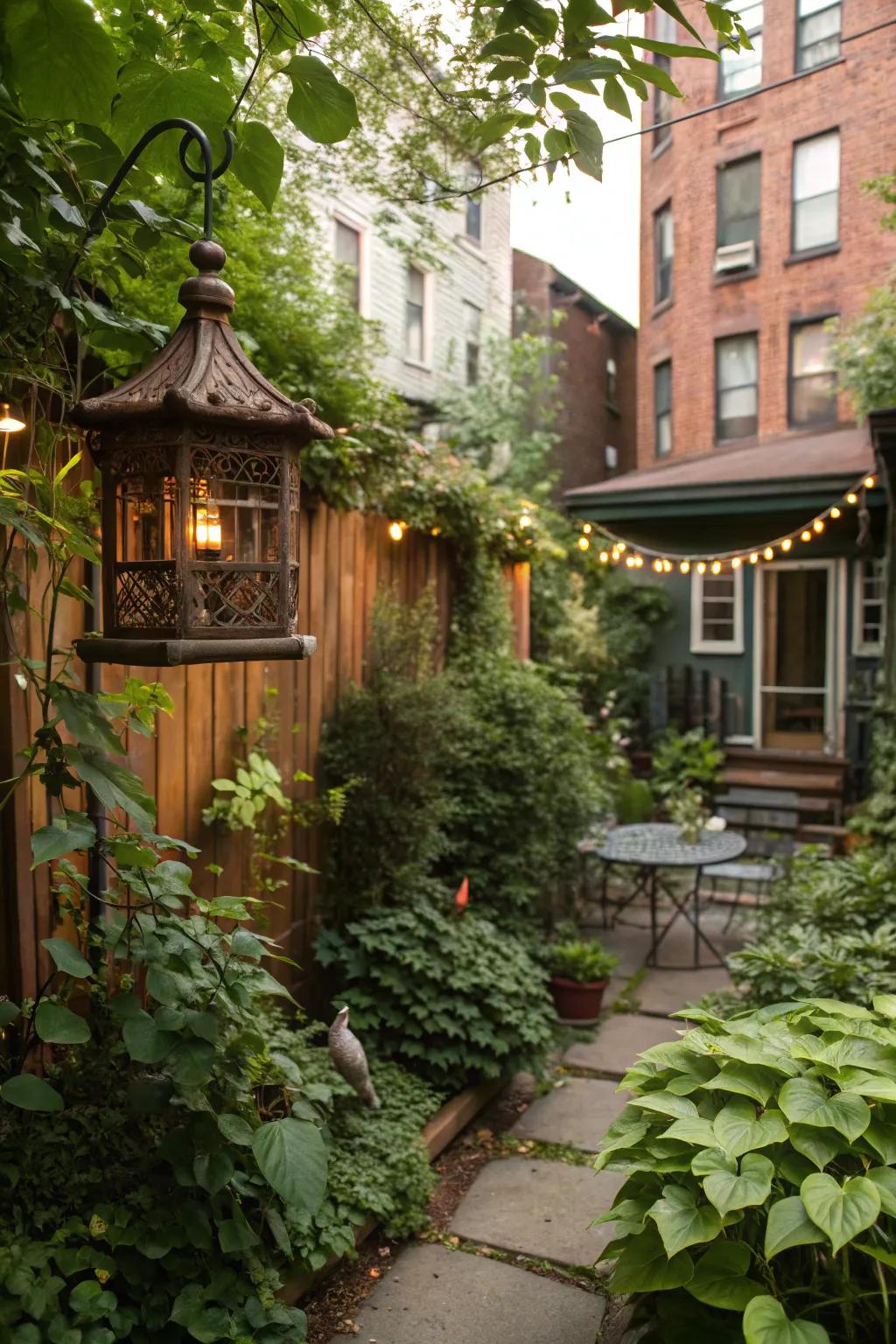 Bird feeders add whimsy and invite nature into small gardens.