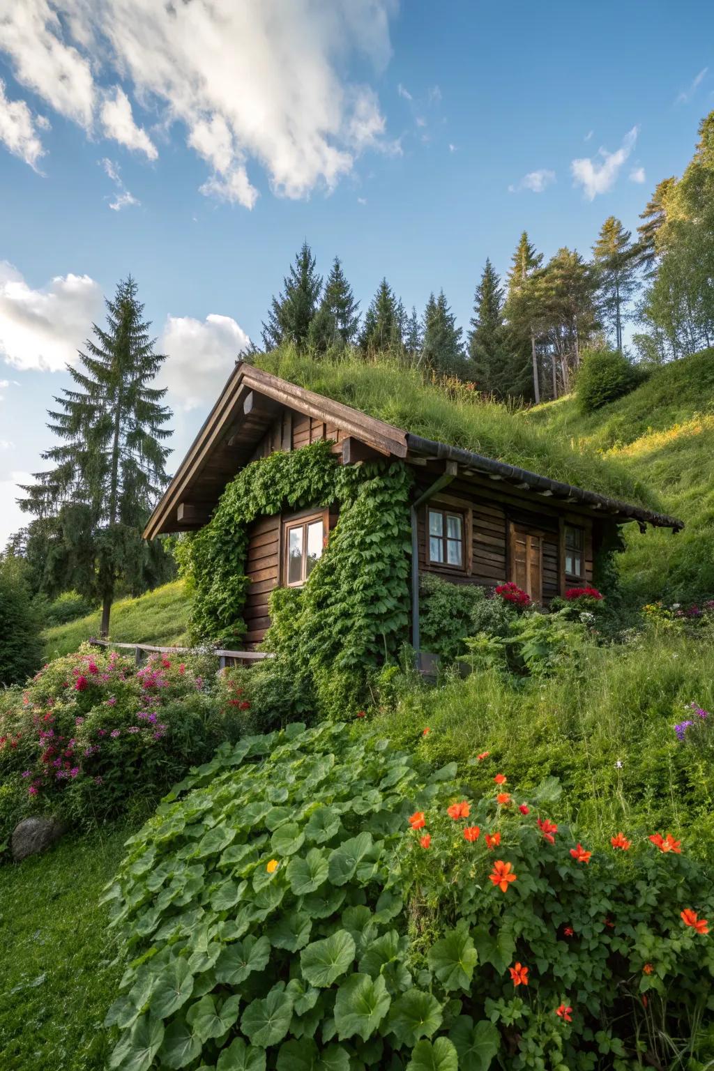 A cabin adorned with a lush living wall, blending with the natural environment.