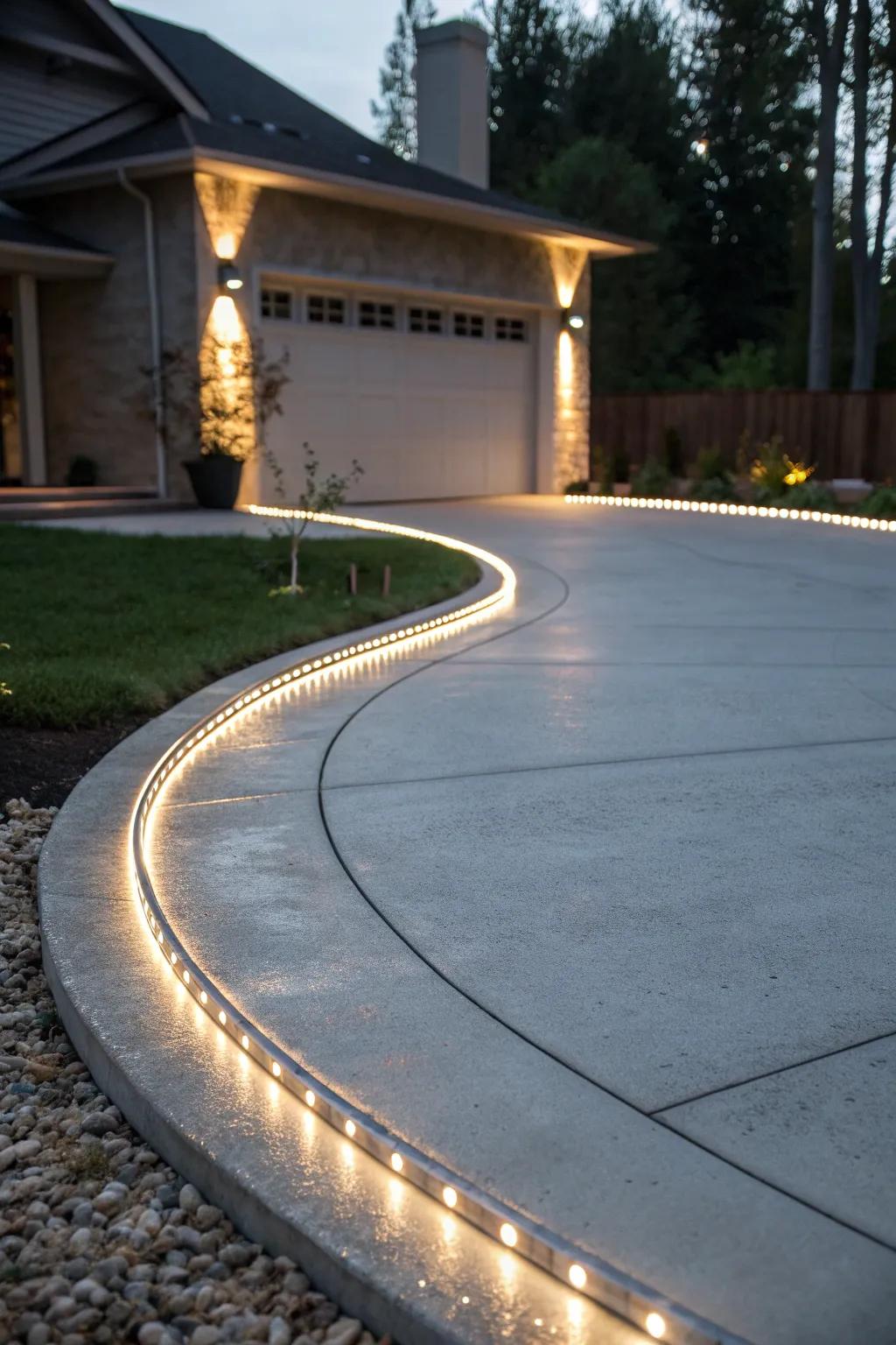 LED strip lighting adds a modern glow to minimalist concrete.