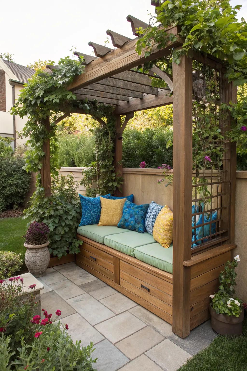 A built-in bench provides comfortable, space-saving seating under a pergola.