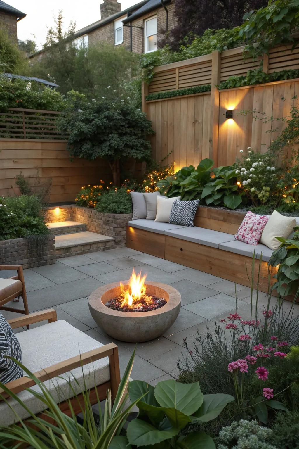 A fire pit provides warmth and a gathering spot in a small courtyard.